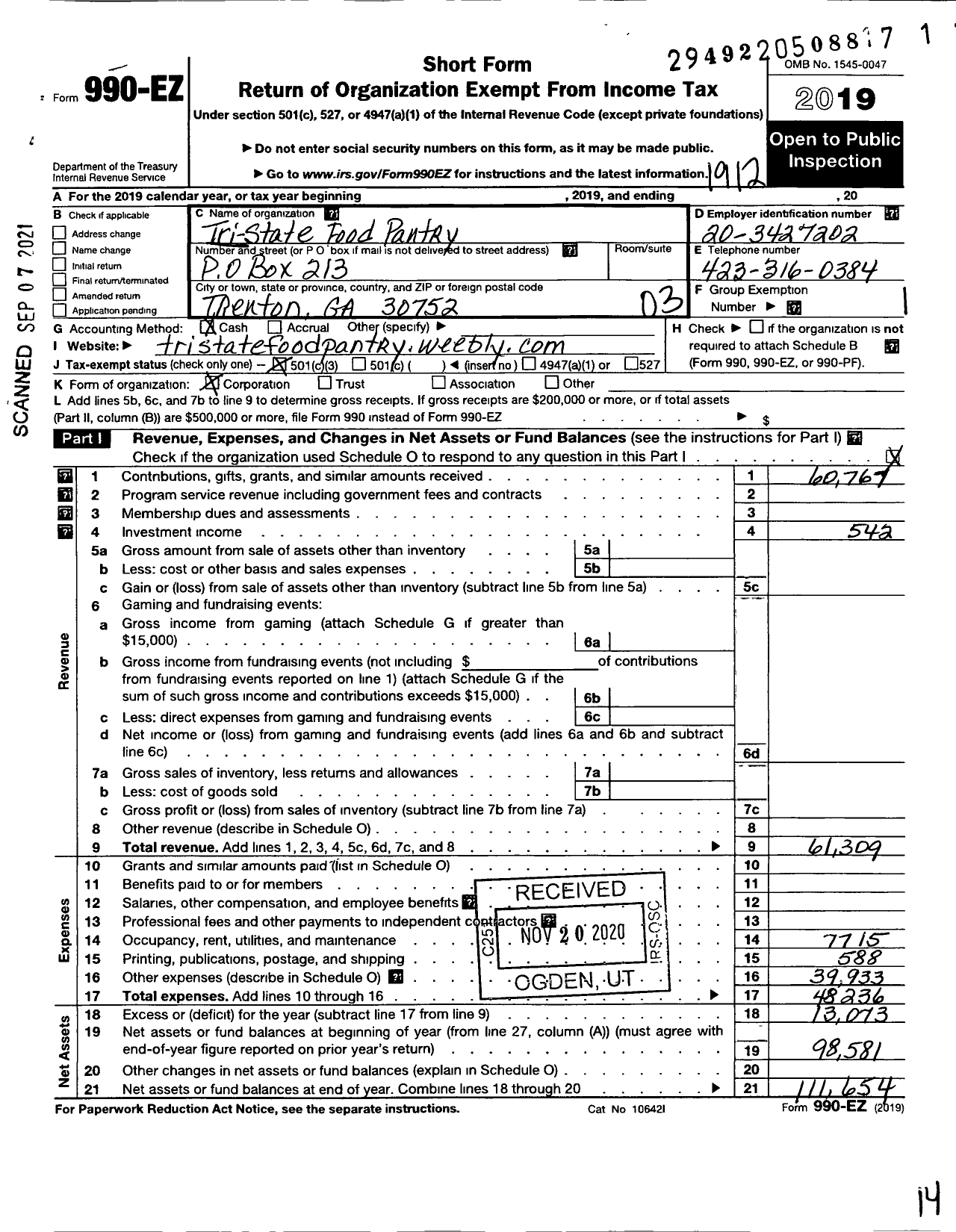 Image of first page of 2019 Form 990EZ for Tri State Food Pantry