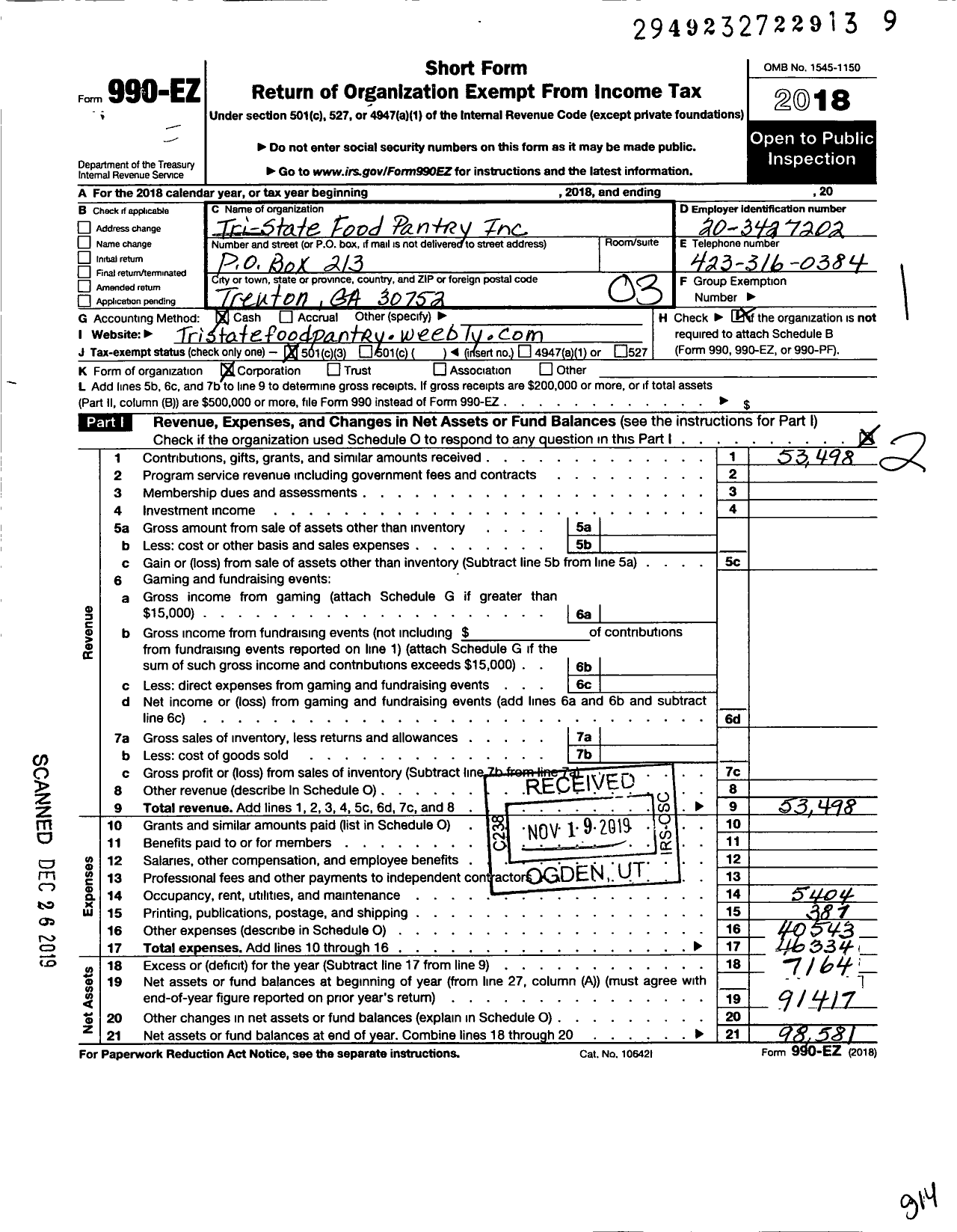 Image of first page of 2018 Form 990EZ for Tri State Food Pantry