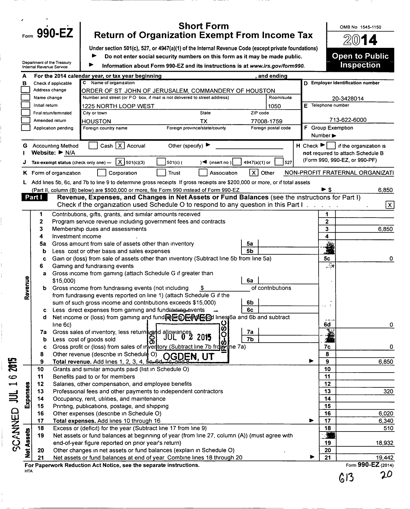 Image of first page of 2014 Form 990EZ for Order of St John of Jerusalem Commandery of Houston