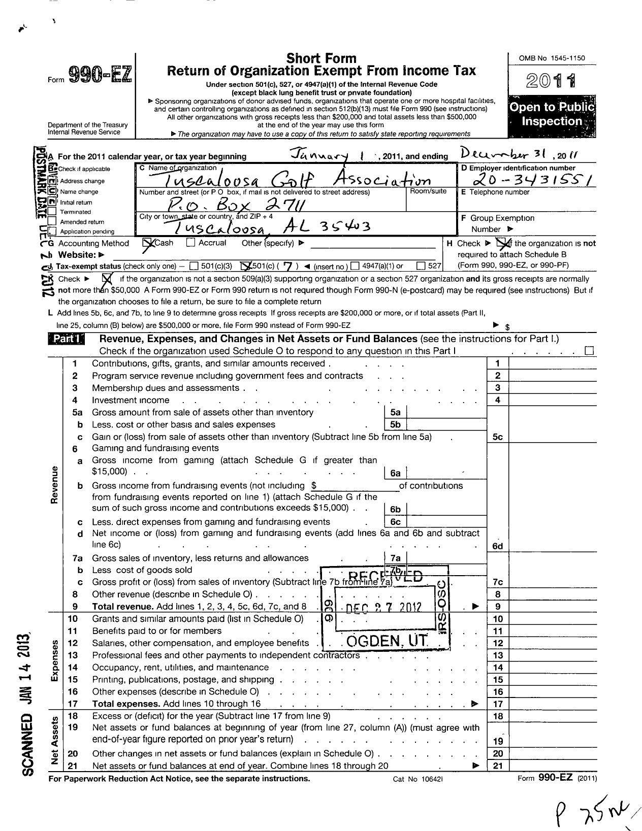 Image of first page of 2011 Form 990EO for Tuscaloosa Golf Association