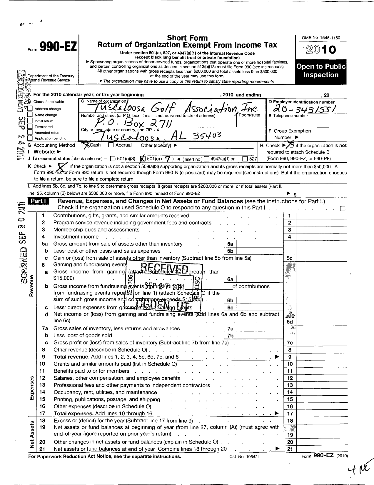 Image of first page of 2010 Form 990EO for Tuscaloosa Golf Association