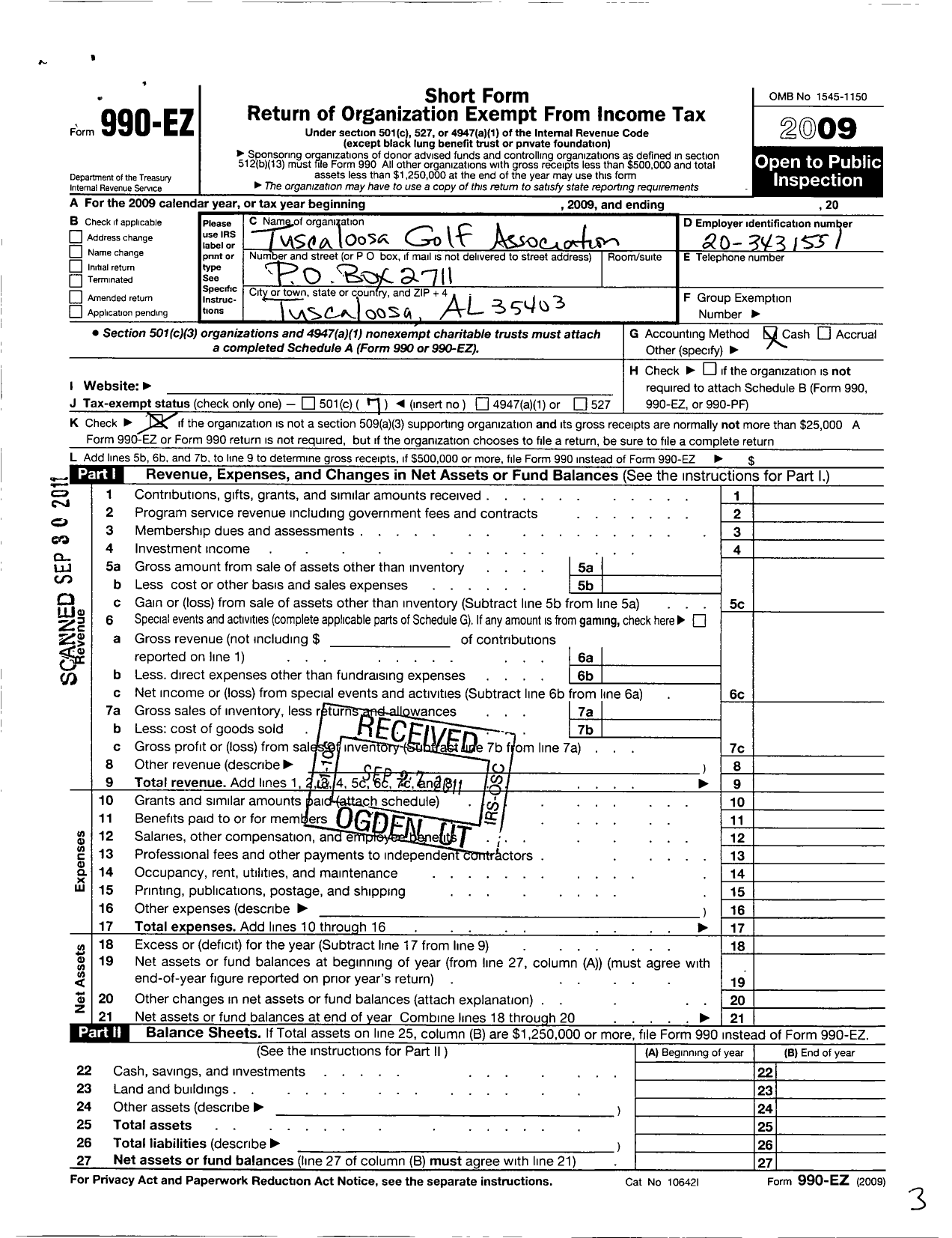 Image of first page of 2009 Form 990EO for Tuscaloosa Golf Association