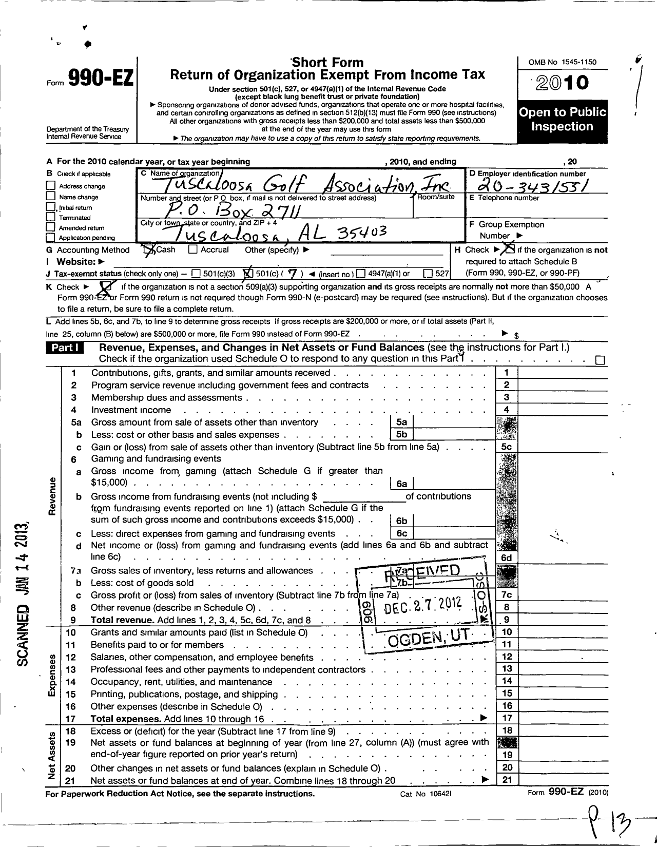 Image of first page of 2010 Form 990EO for Tuscaloosa Golf Association