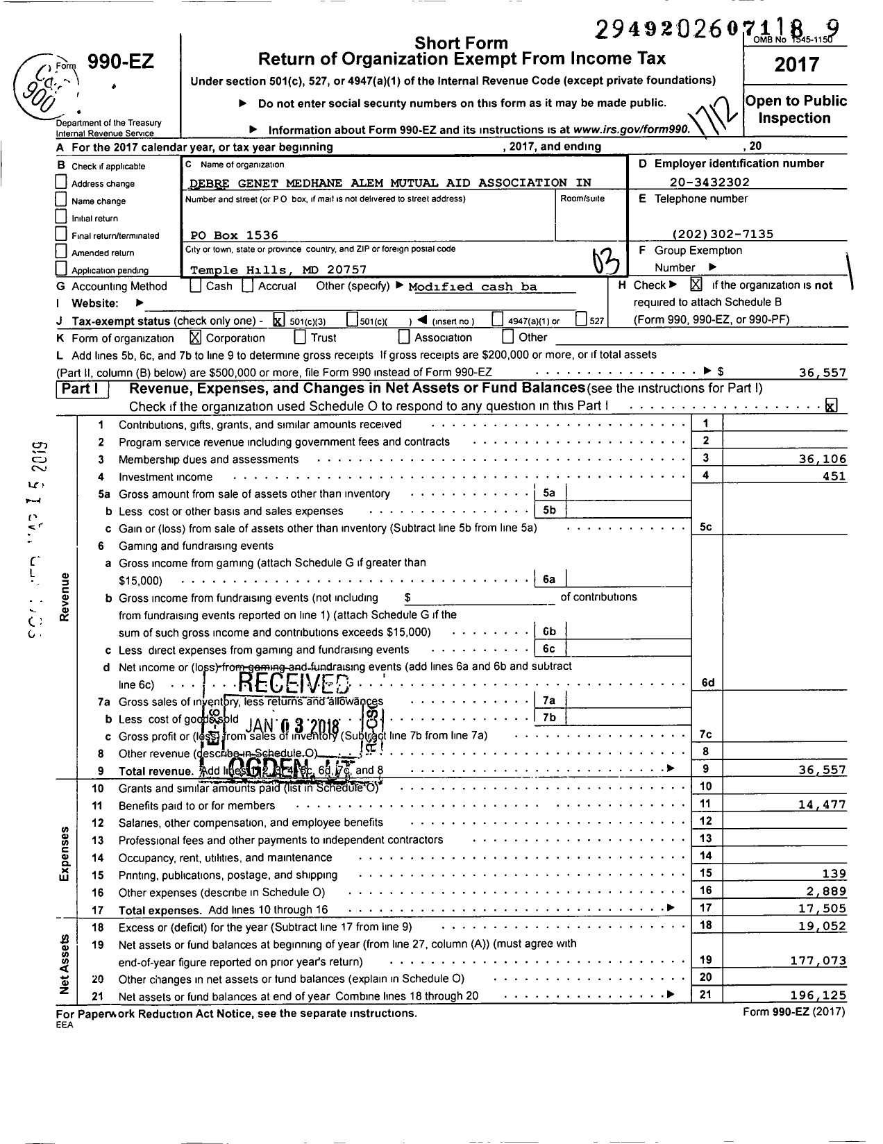 Image of first page of 2017 Form 990EZ for Debre Genet Medhane Alem Mutual Aid Association