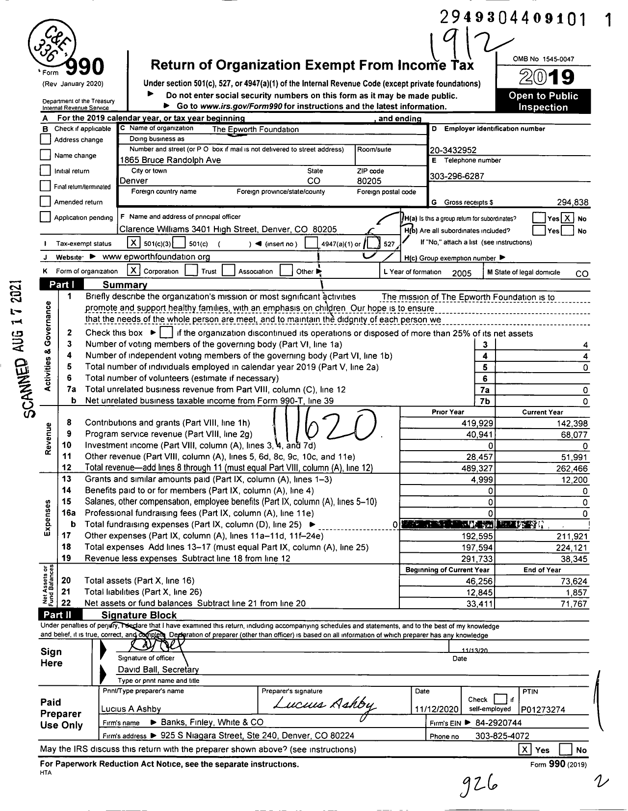 Image of first page of 2019 Form 990 for The Epworth Foundation