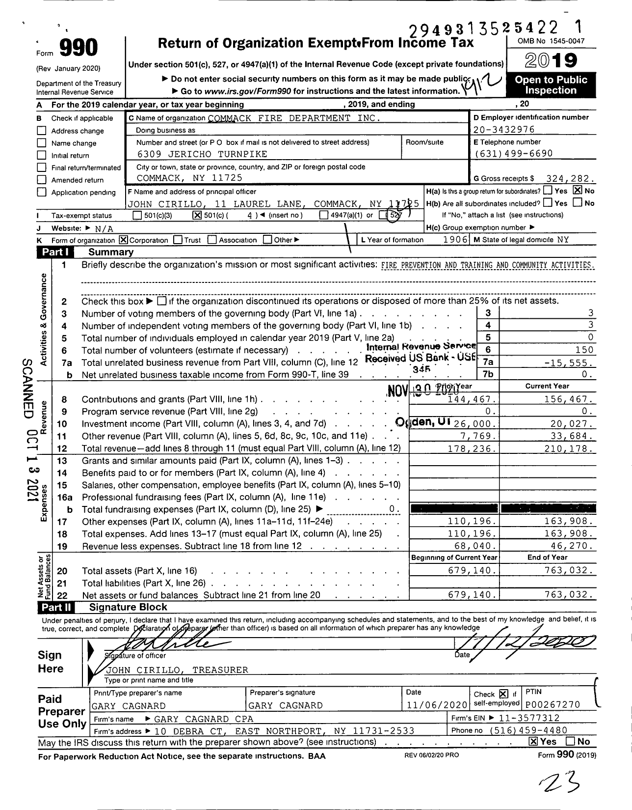 Image of first page of 2019 Form 990O for Commack Fire Department