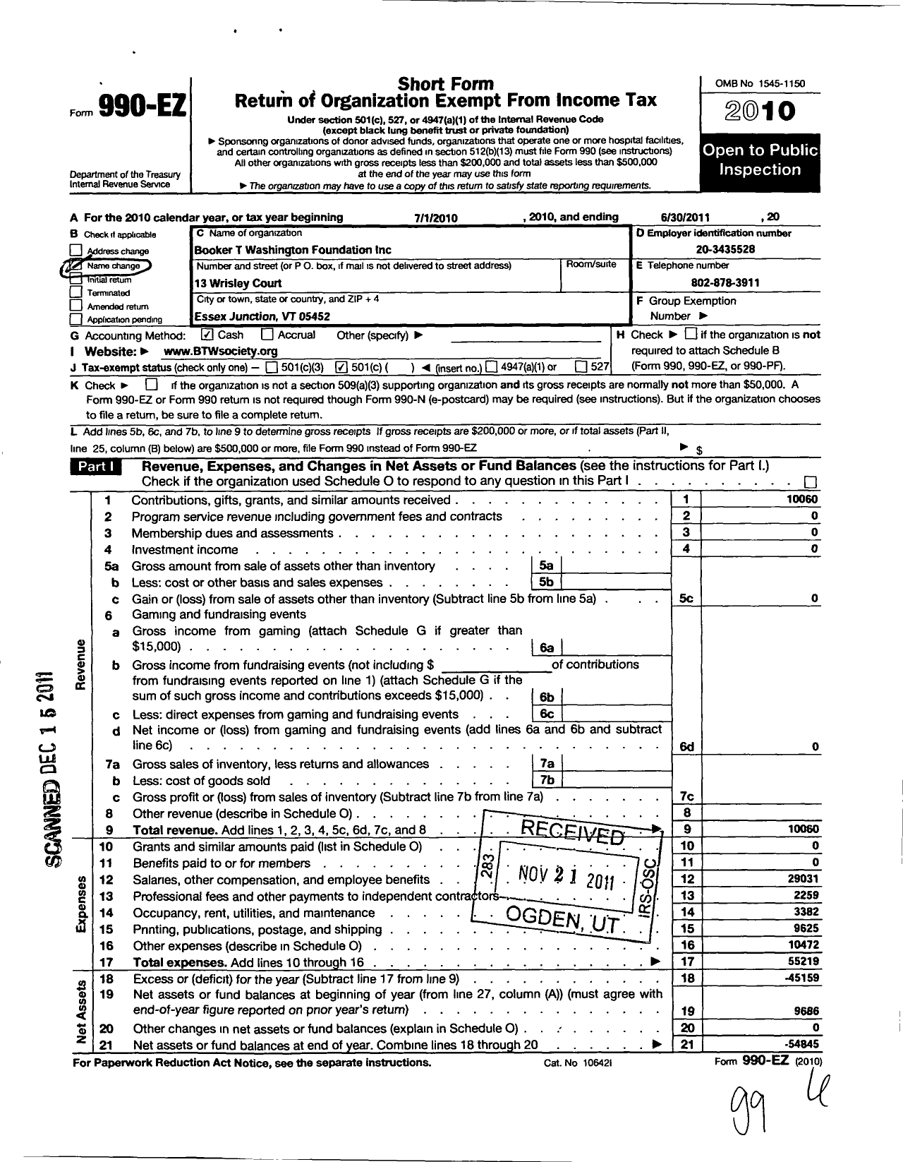 Image of first page of 2010 Form 990EO for Booker T Washington Society