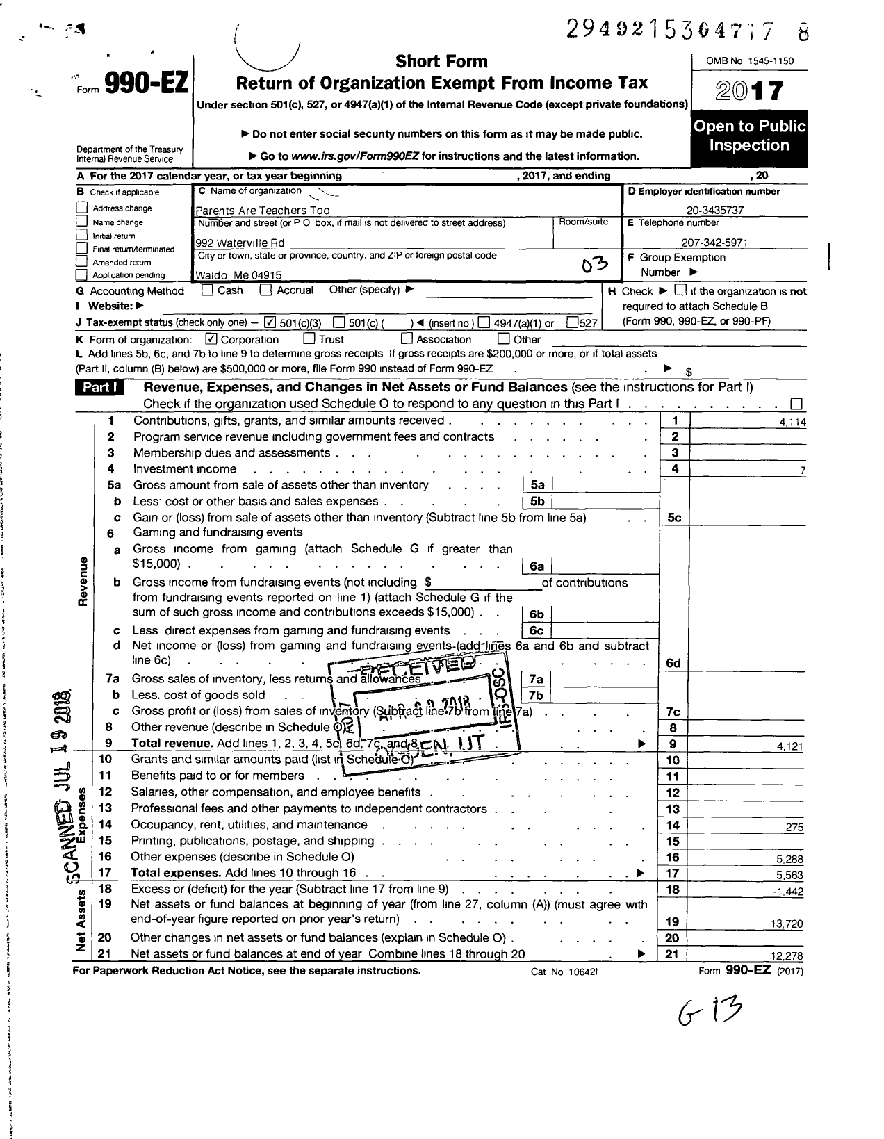 Image of first page of 2017 Form 990EZ for Parents Are Teachers Too