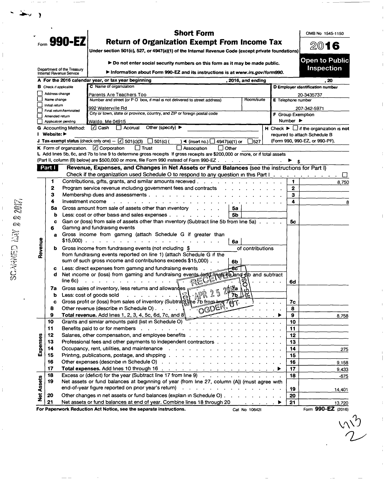 Image of first page of 2016 Form 990EZ for Parents Are Teachers Too