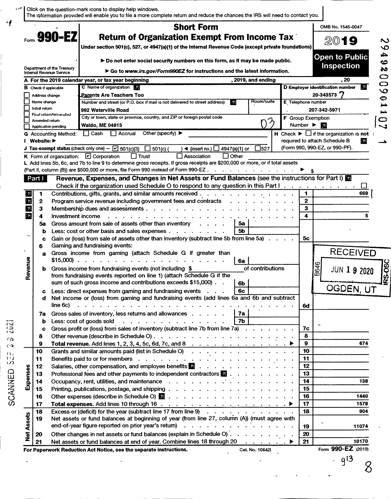 Image of first page of 2019 Form 990EZ for Parents Are Teachers Too