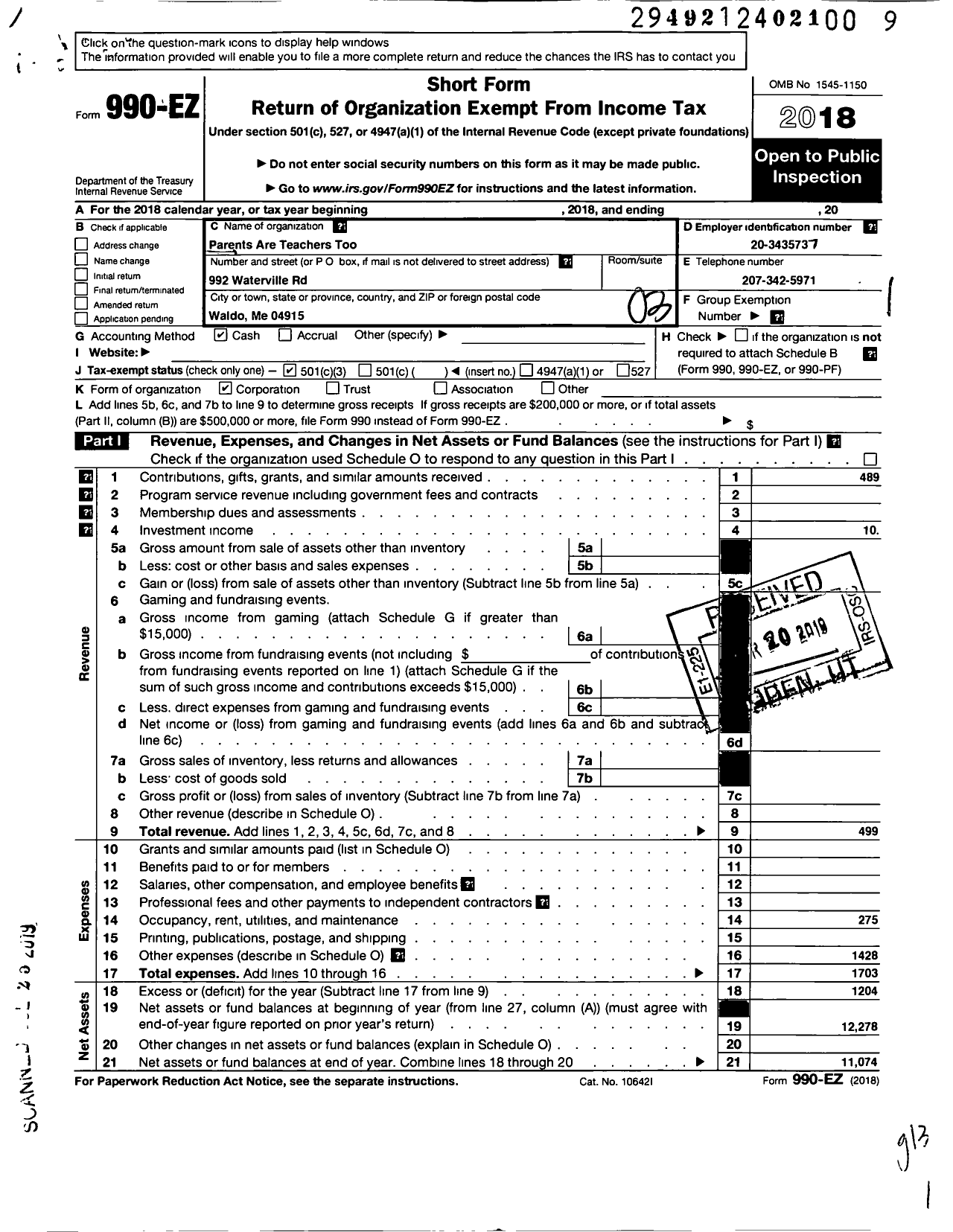 Image of first page of 2018 Form 990EZ for Parents Are Teachers Too