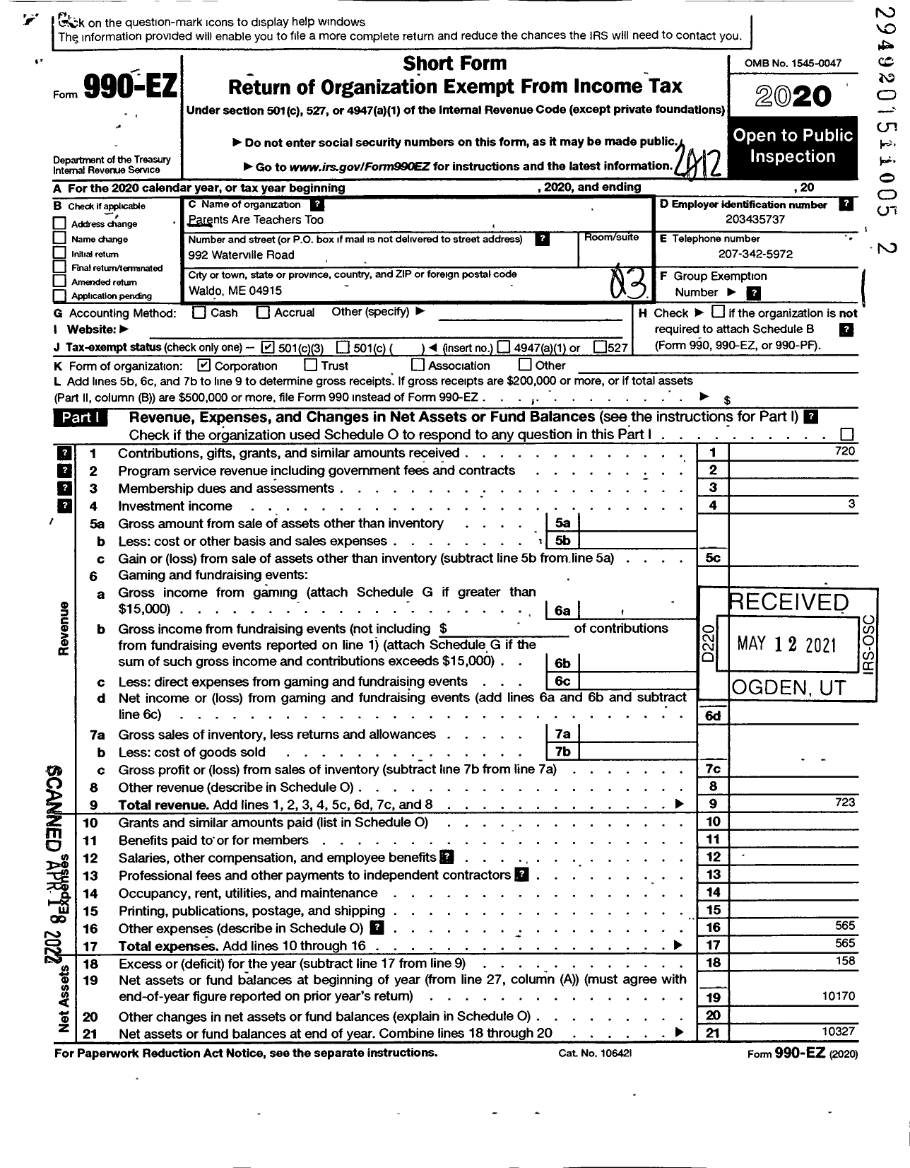 Image of first page of 2020 Form 990EZ for Parents Are Teachers Too