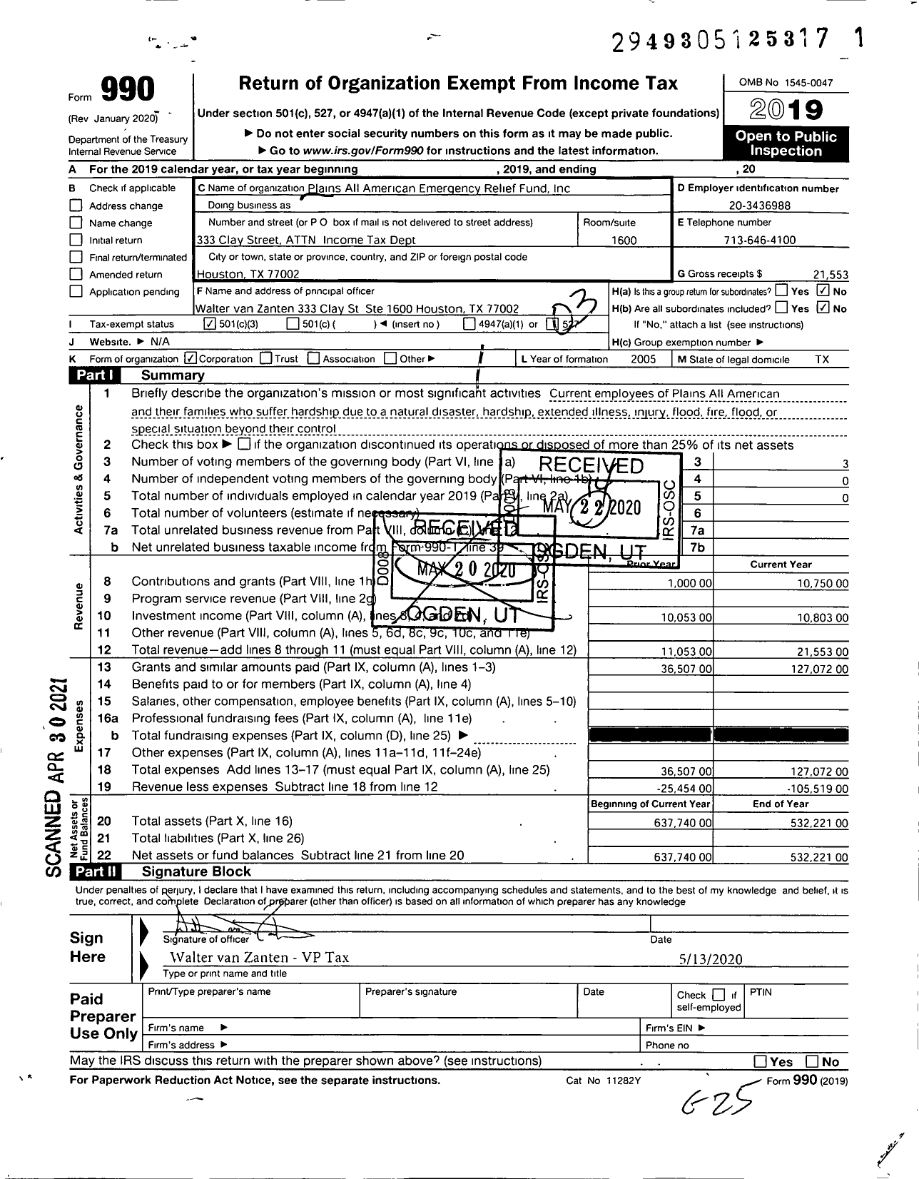 Image of first page of 2019 Form 990 for Plains All American Emergency Relief Fund