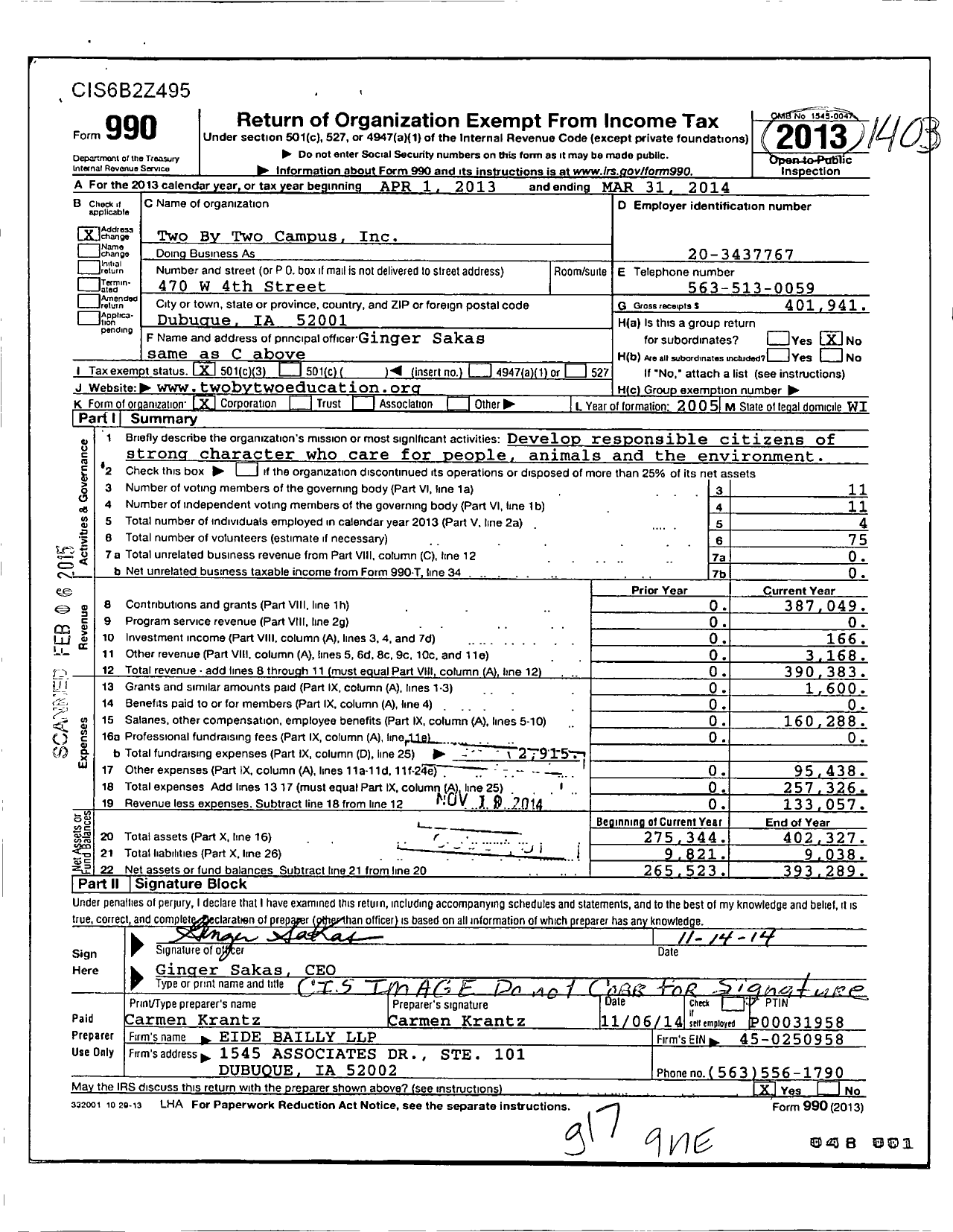 Image of first page of 2013 Form 990 for Two By Two Campus