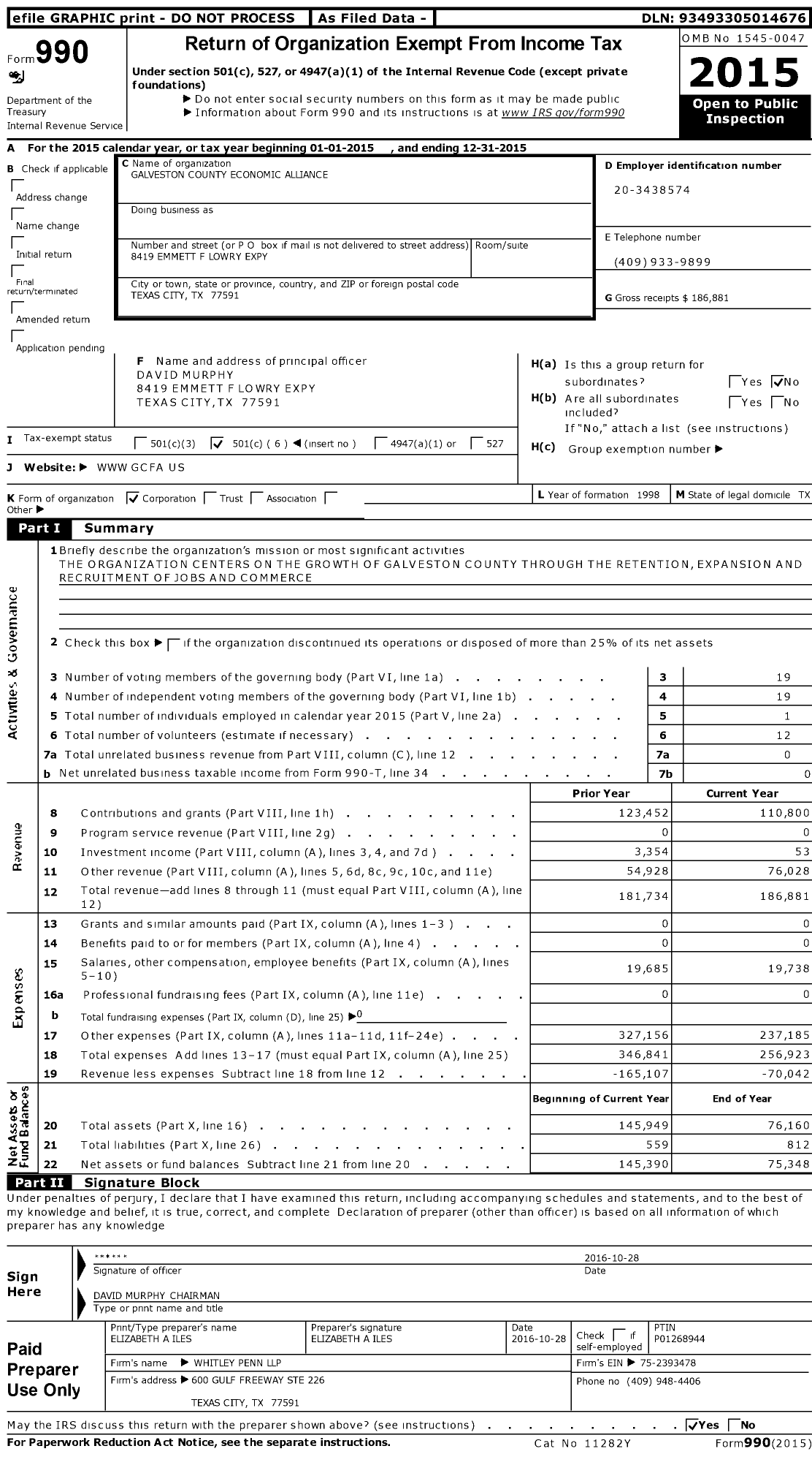 Image of first page of 2015 Form 990O for Galveston County Economic Alliance