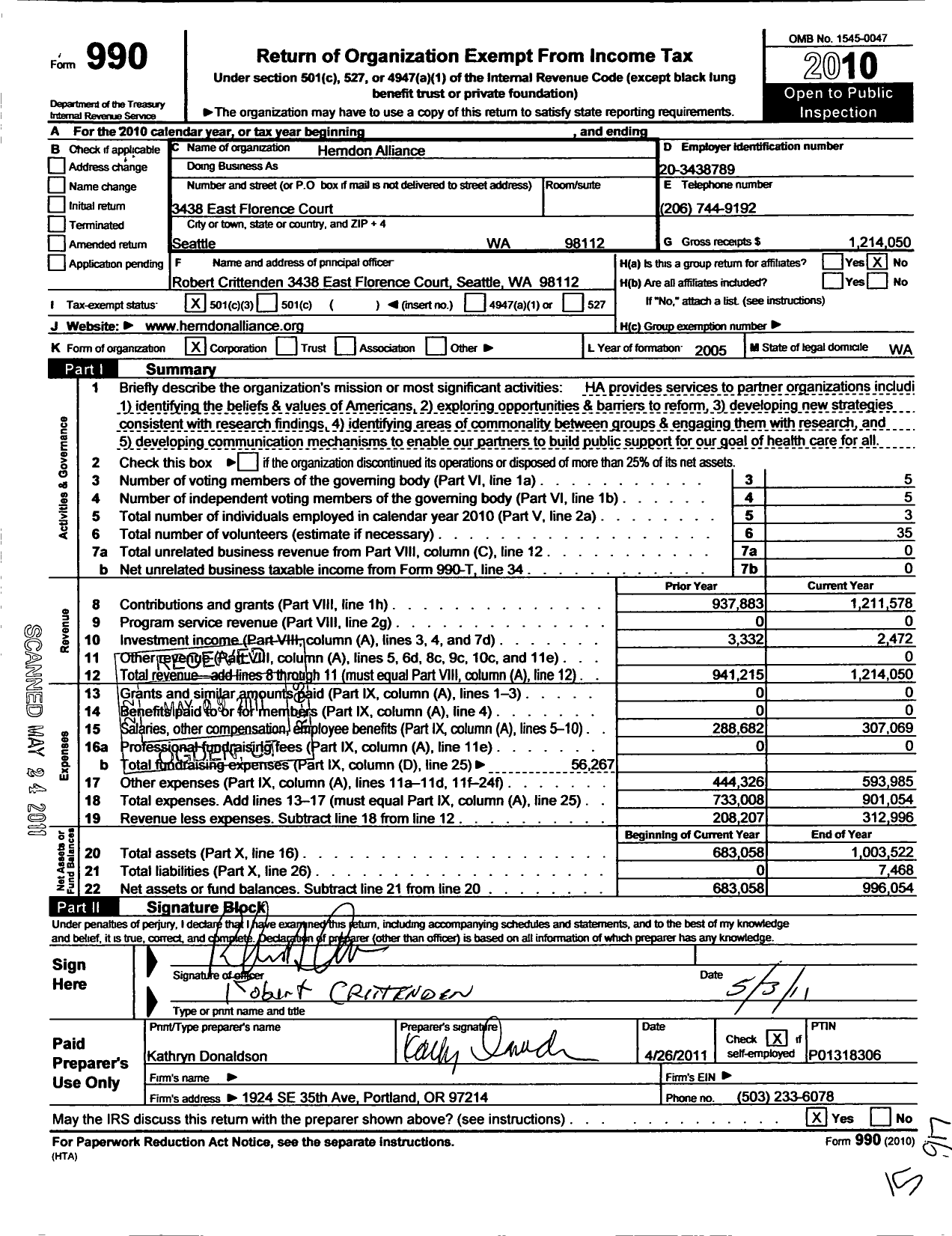 Image of first page of 2010 Form 990 for Herndon Alliance