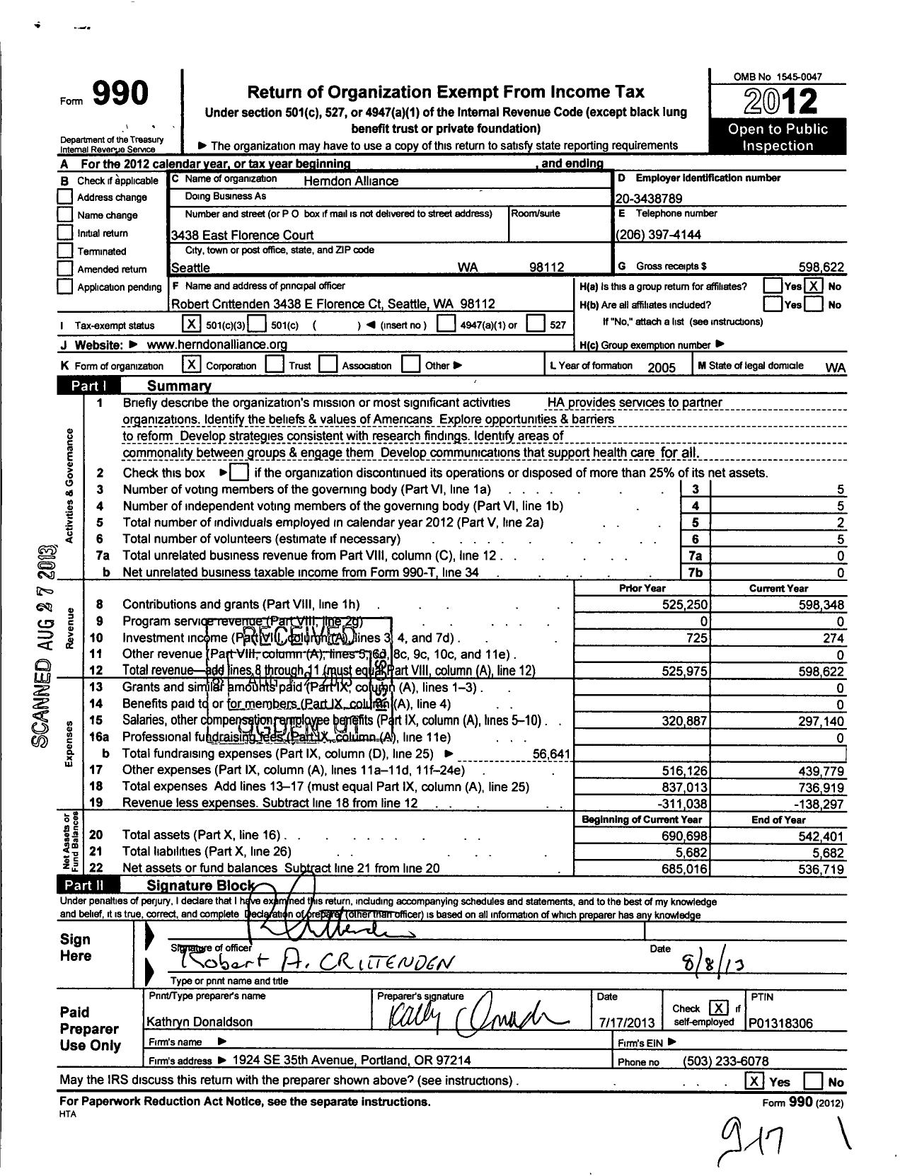 Image of first page of 2012 Form 990 for Herndon Alliance
