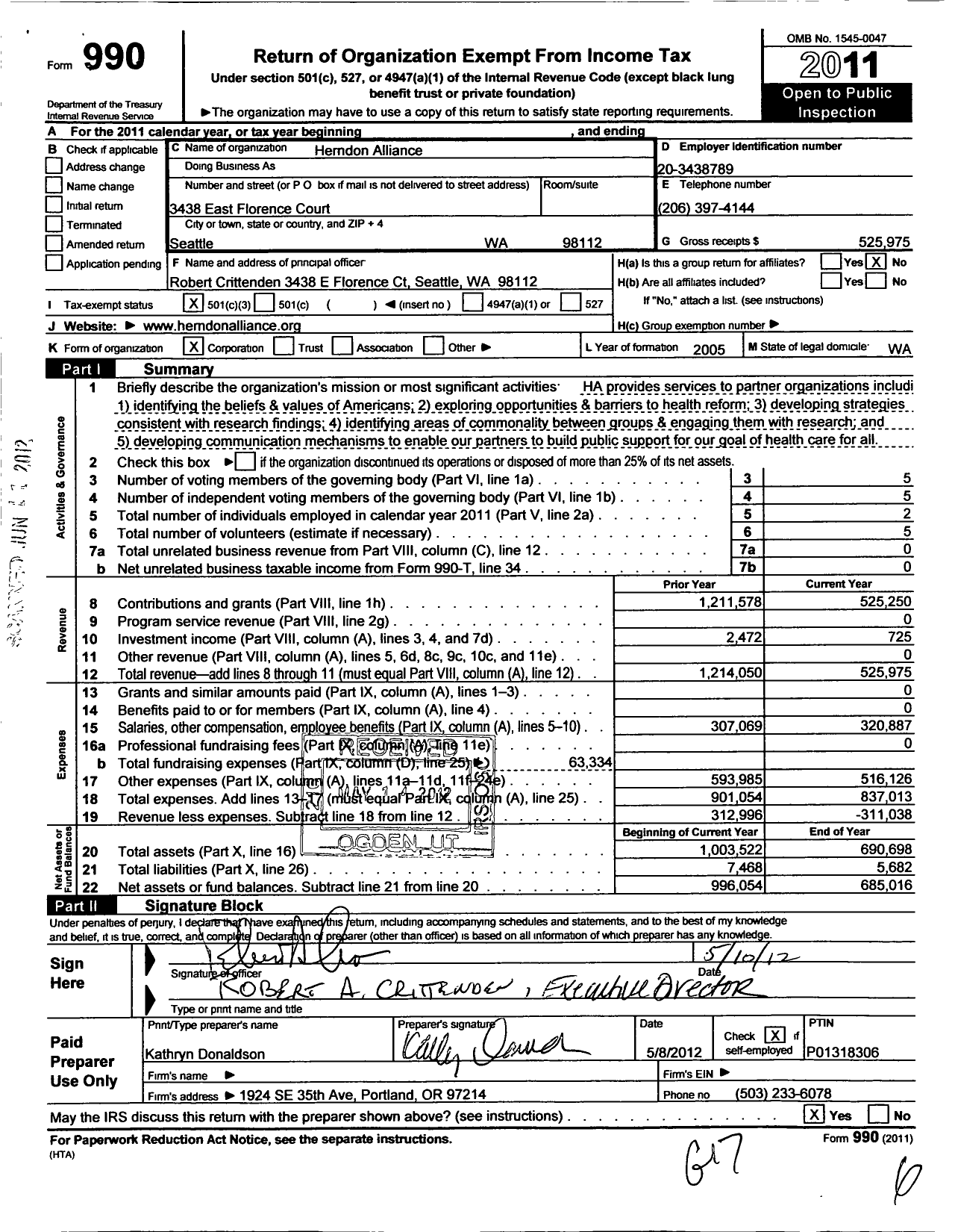 Image of first page of 2011 Form 990 for Herndon Alliance