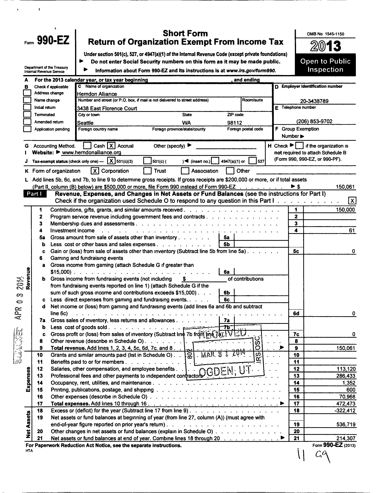 Image of first page of 2013 Form 990EZ for Herndon Alliance