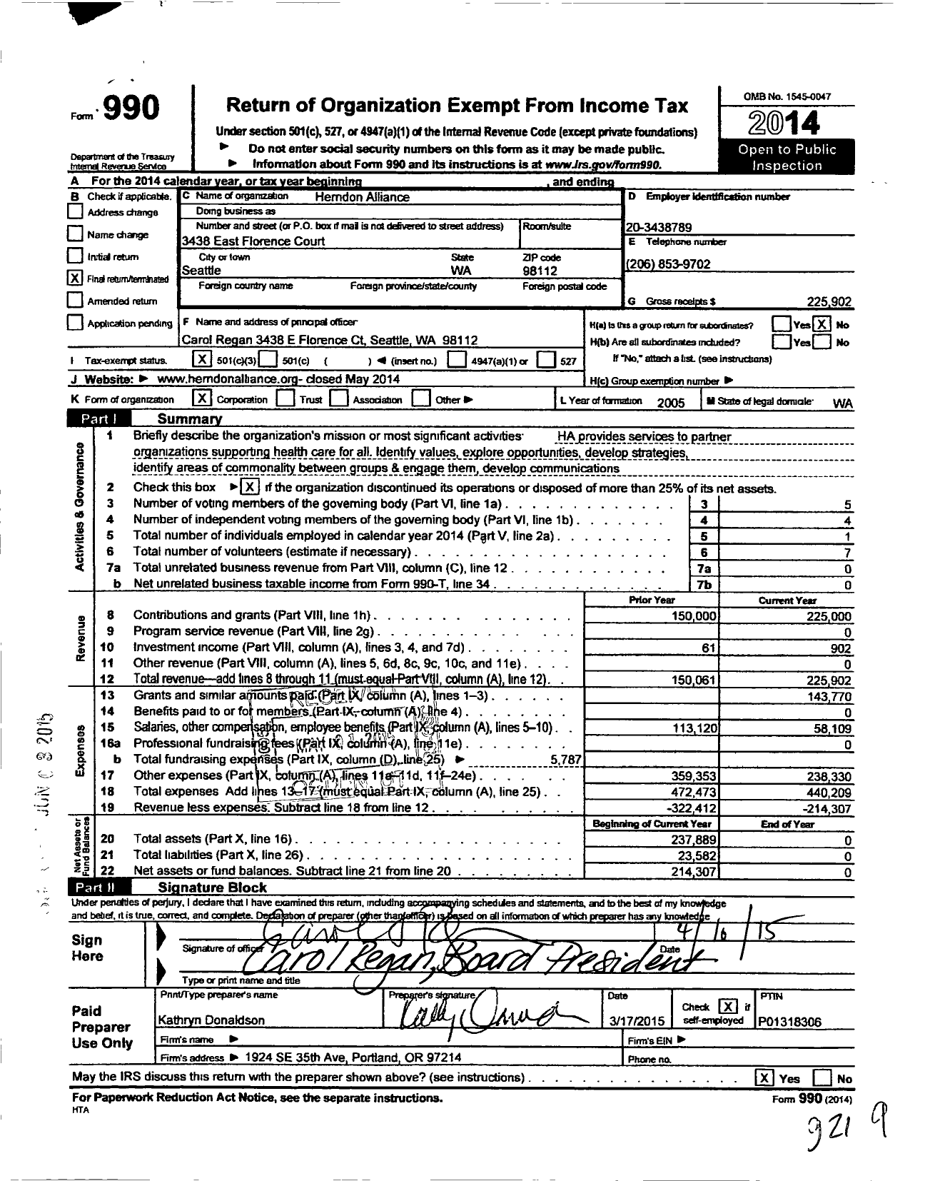 Image of first page of 2014 Form 990 for Herndon Alliance