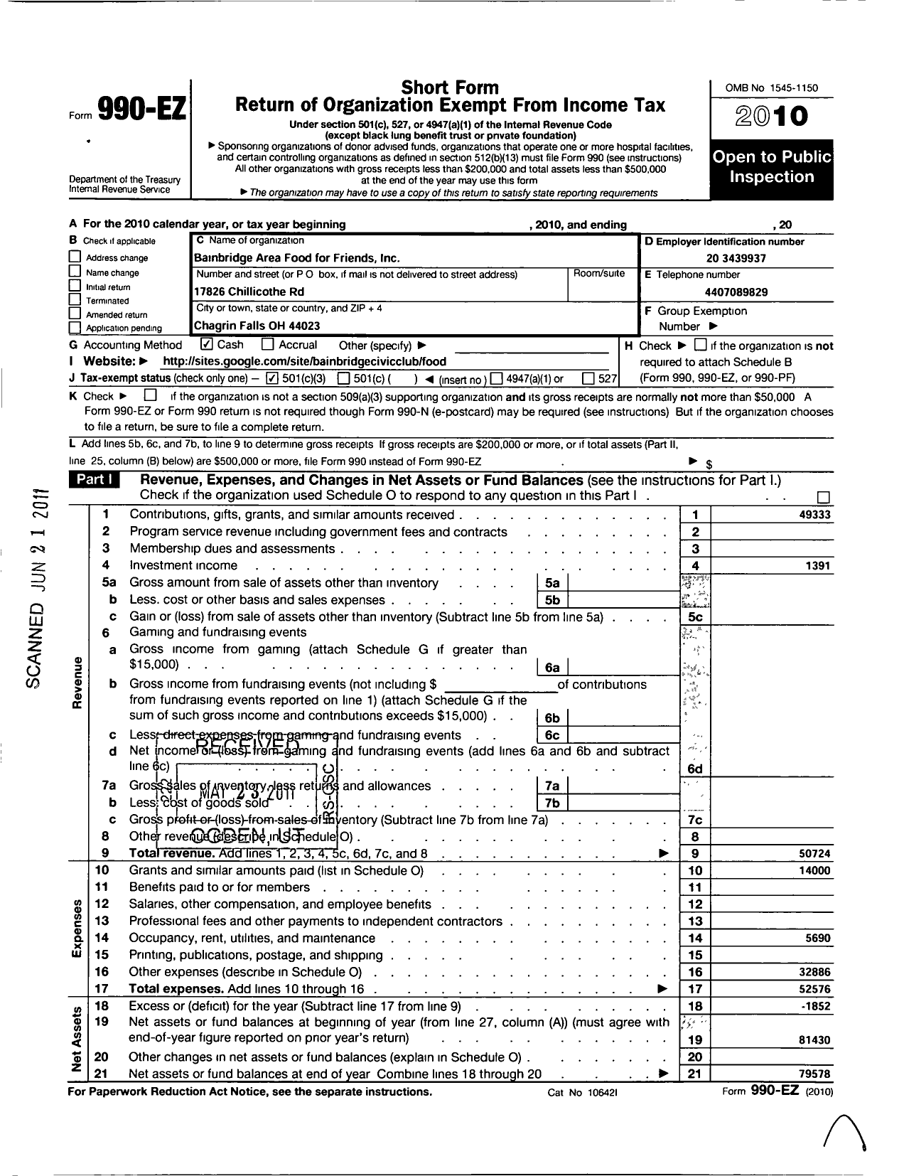 Image of first page of 2010 Form 990EZ for Bainbridge Area Food for Friends