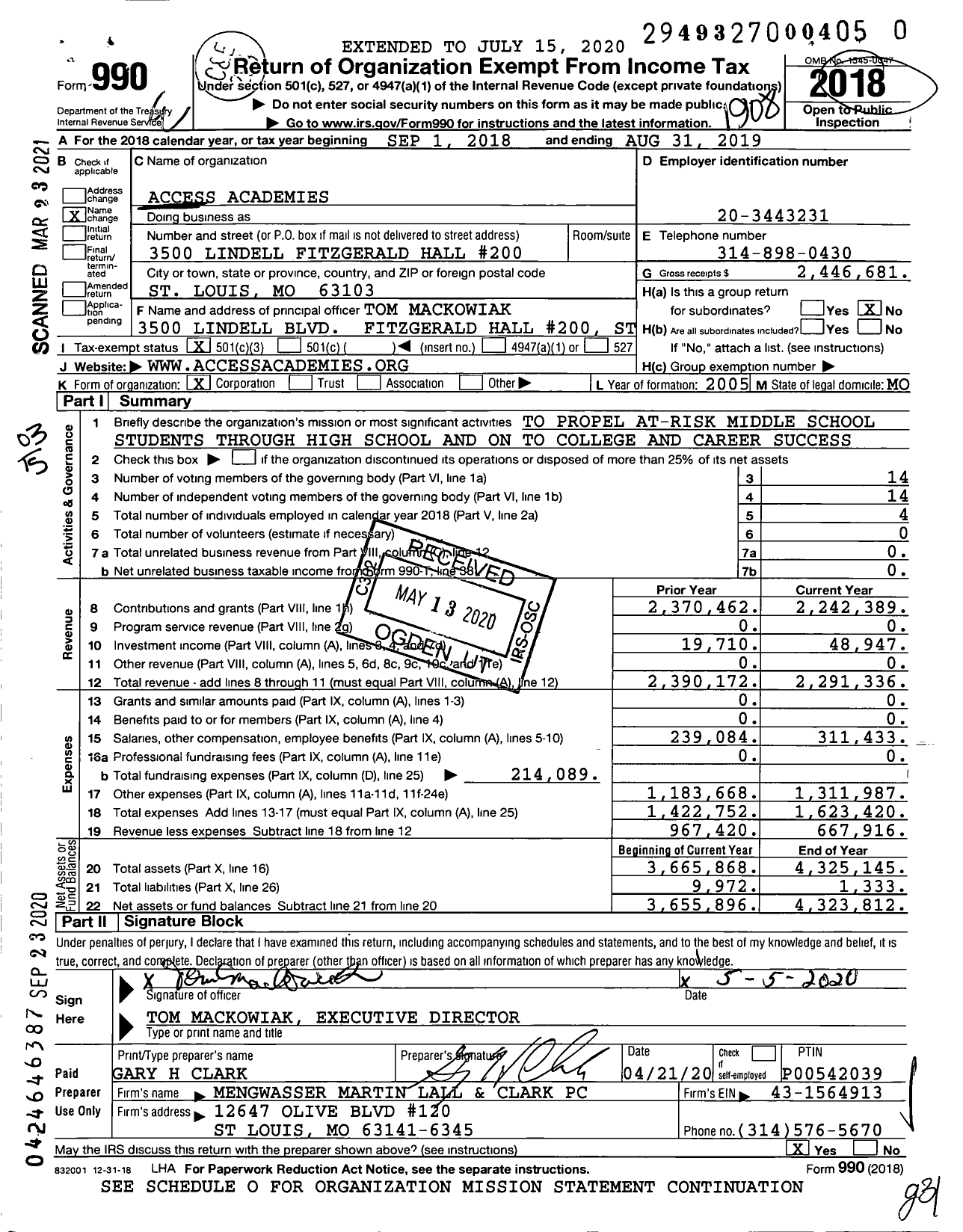 Image of first page of 2018 Form 990 for Access Academies