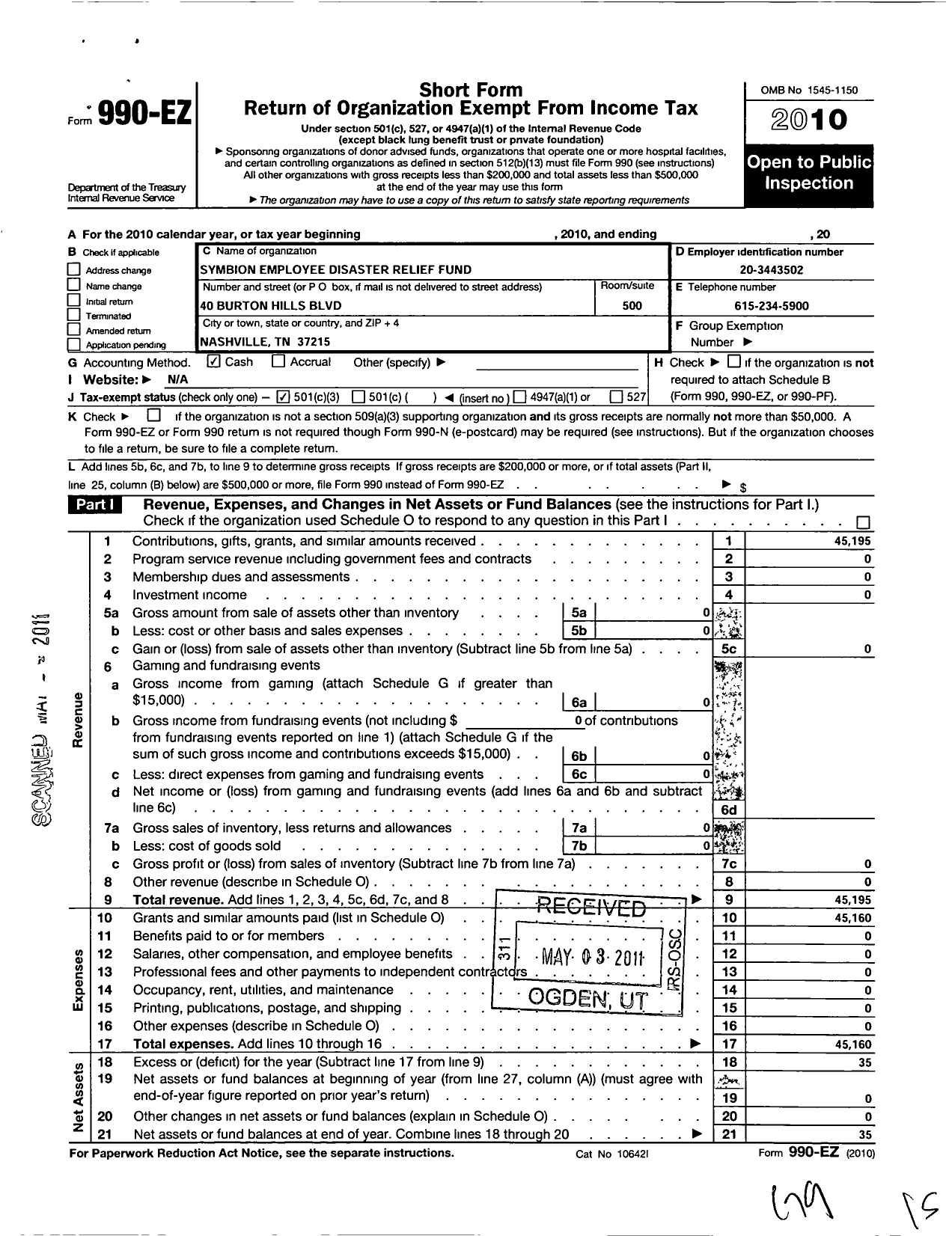 Image of first page of 2010 Form 990EZ for Surgery Partners Employee Disaster Relief Fund