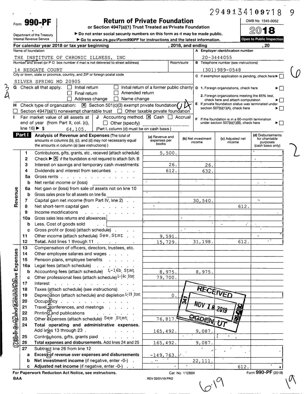 Image of first page of 2018 Form 990PF for The Institute of Chronic Illness