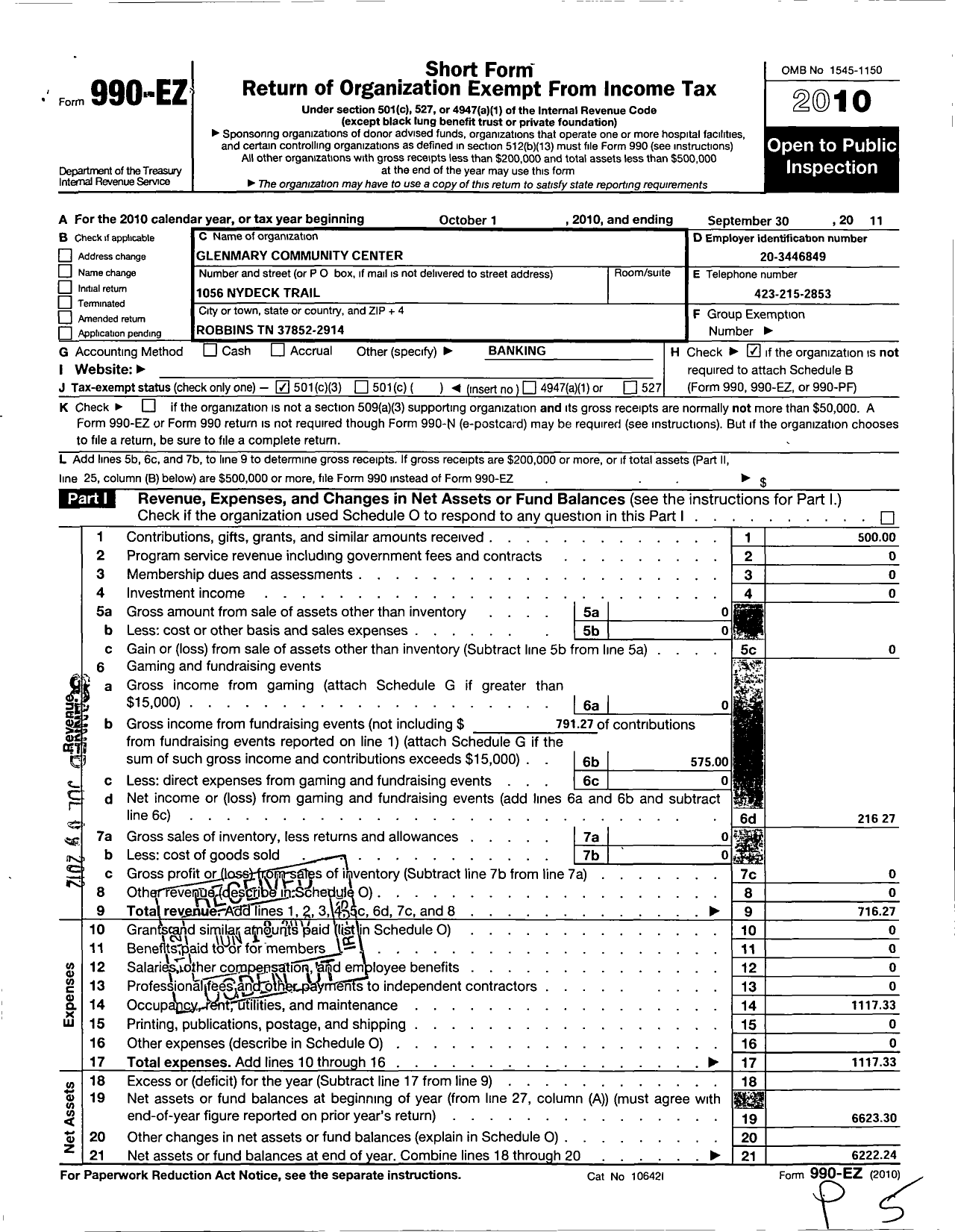 Image of first page of 2010 Form 990EZ for Glenmary Community Center