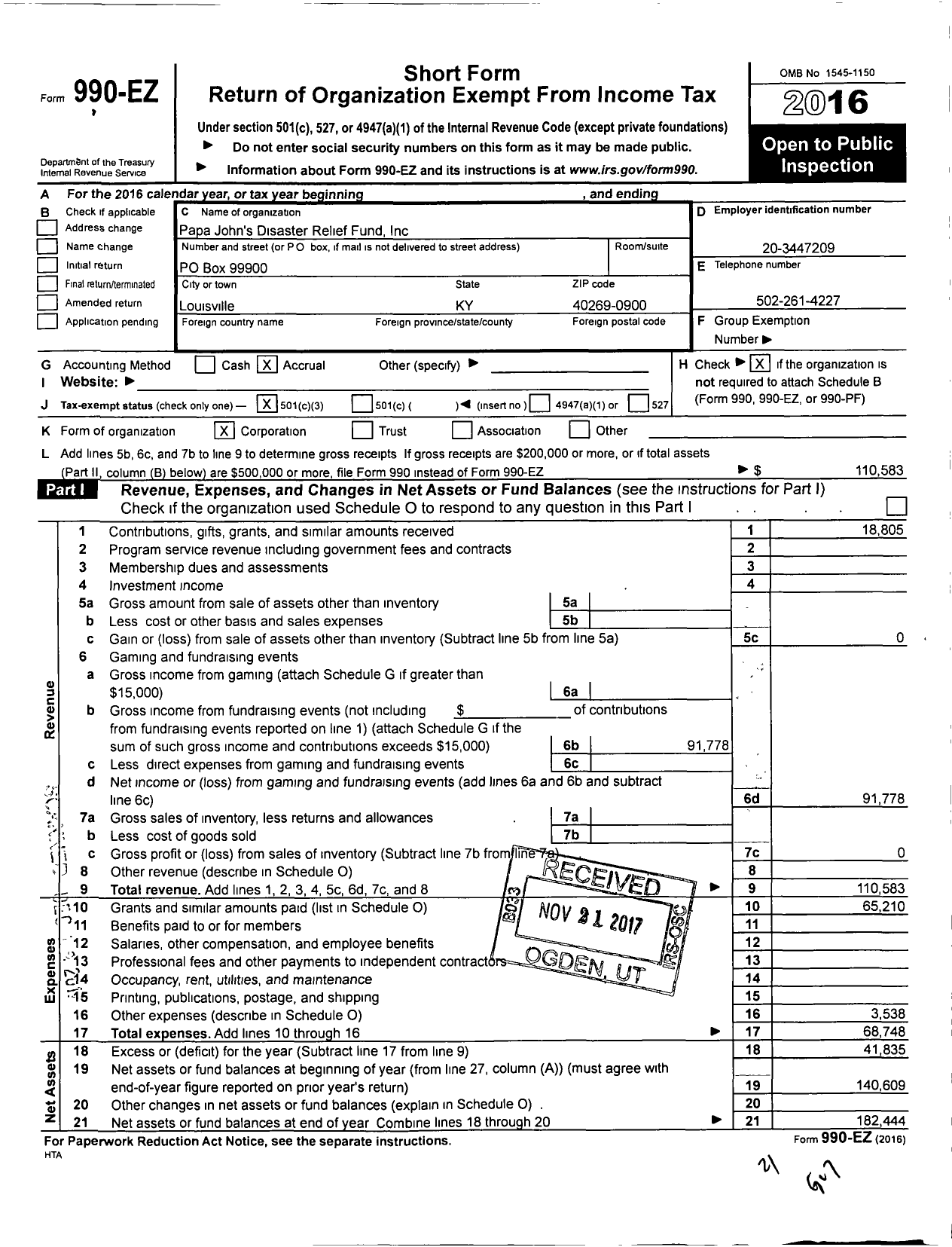 Image of first page of 2016 Form 990EZ for Papa John's Disaster Relief Fund