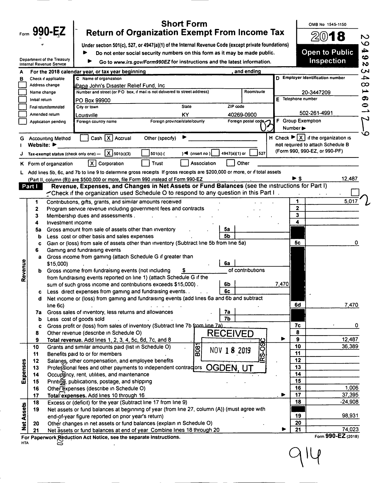 Image of first page of 2018 Form 990EZ for Papa John's Disaster Relief Fund