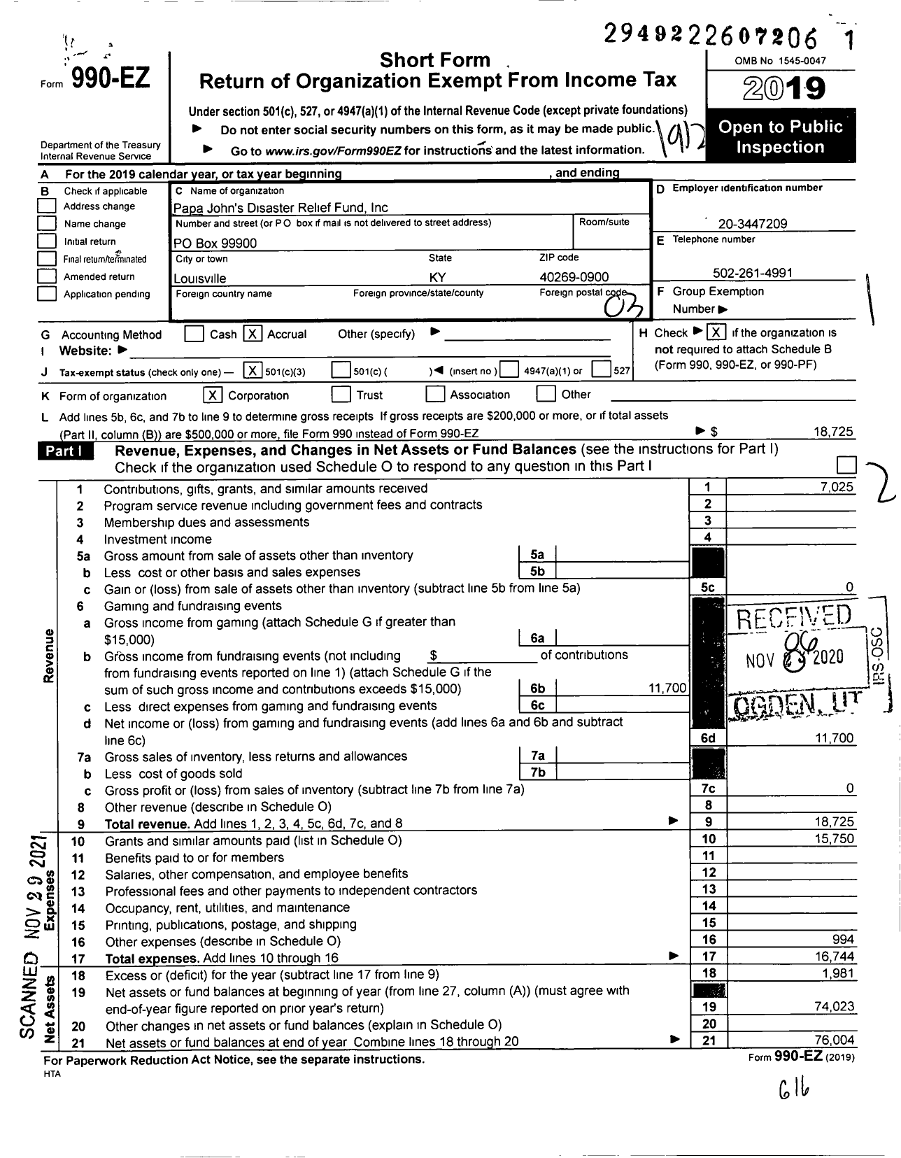 Image of first page of 2019 Form 990EZ for Papa John's Disaster Relief Fund