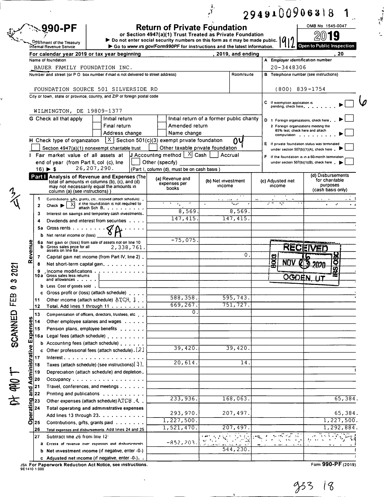 Image of first page of 2019 Form 990PF for Bauer Family Foundation