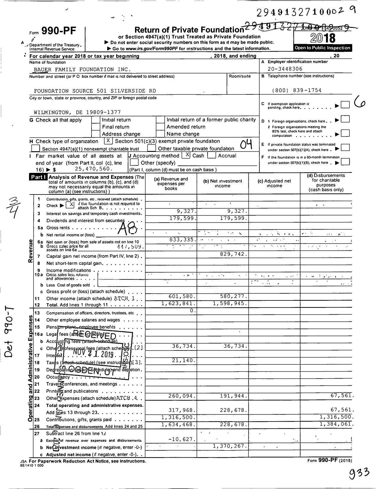 Image of first page of 2018 Form 990PF for Bauer Family Foundation