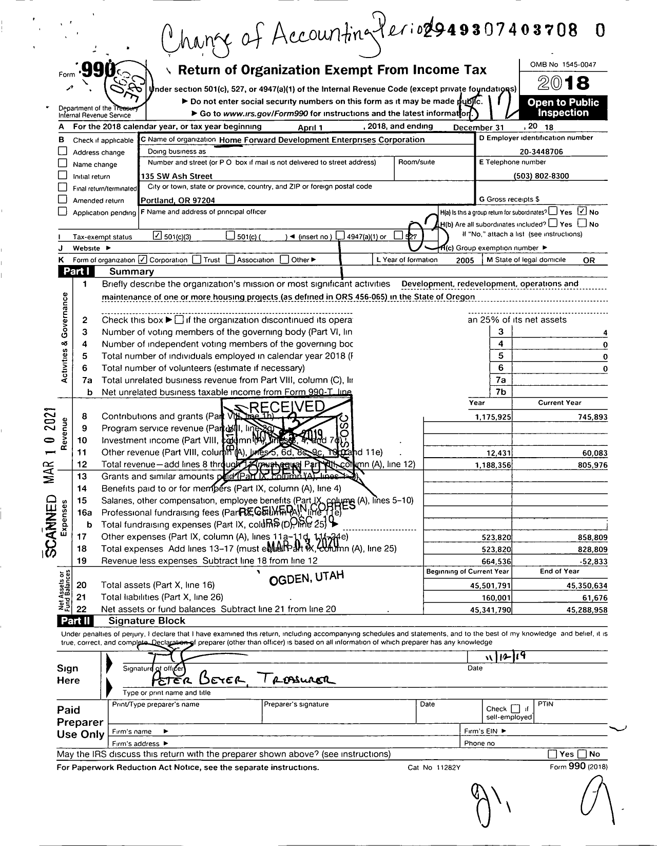 Image of first page of 2018 Form 990 for Home Forward Development Enterprises Corporation