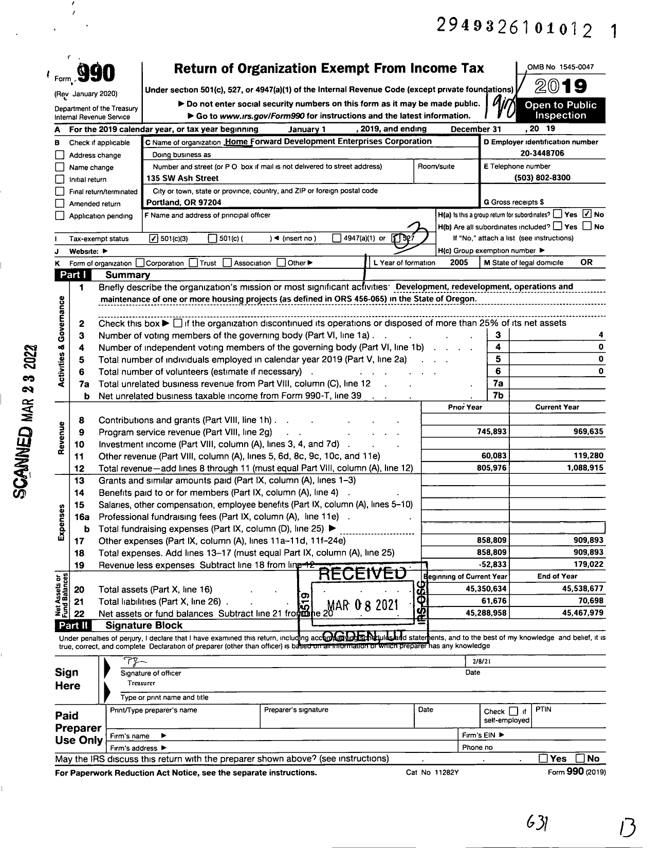 Image of first page of 2019 Form 990 for Home Forward Development Enterprises Corporation