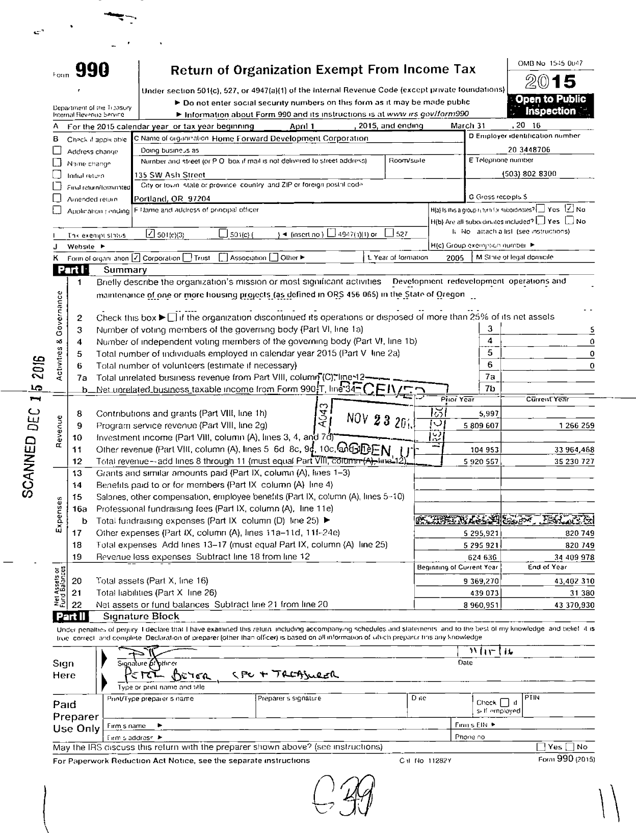 Image of first page of 2015 Form 990 for Home Forward Development Enterprises Corporation