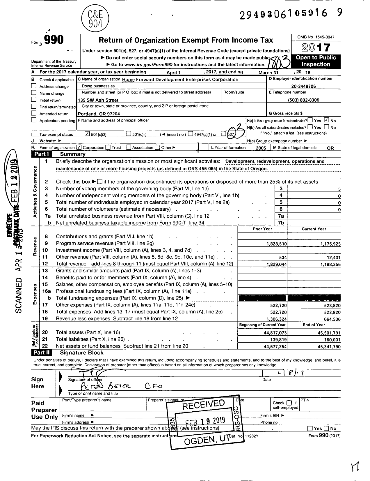 Image of first page of 2017 Form 990 for Home Forward Development Enterprises Corporation