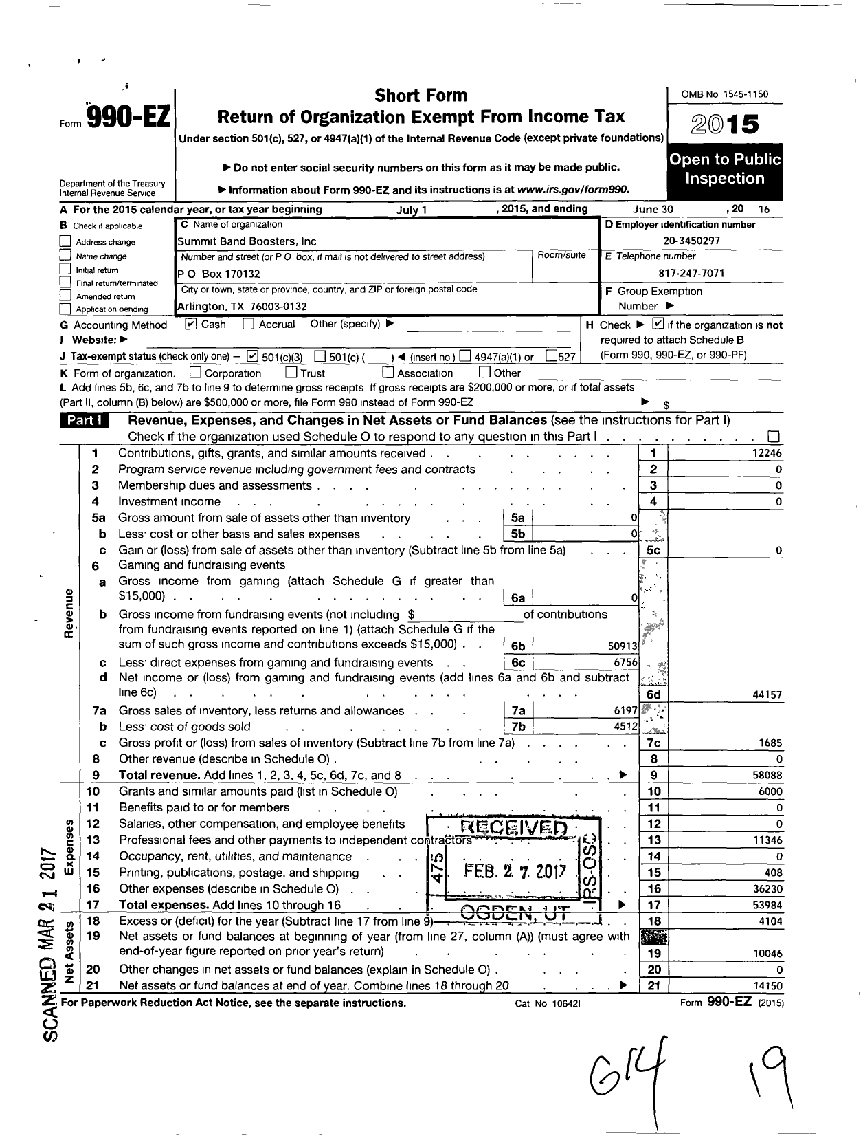 Image of first page of 2015 Form 990EZ for Summit Band Boosters