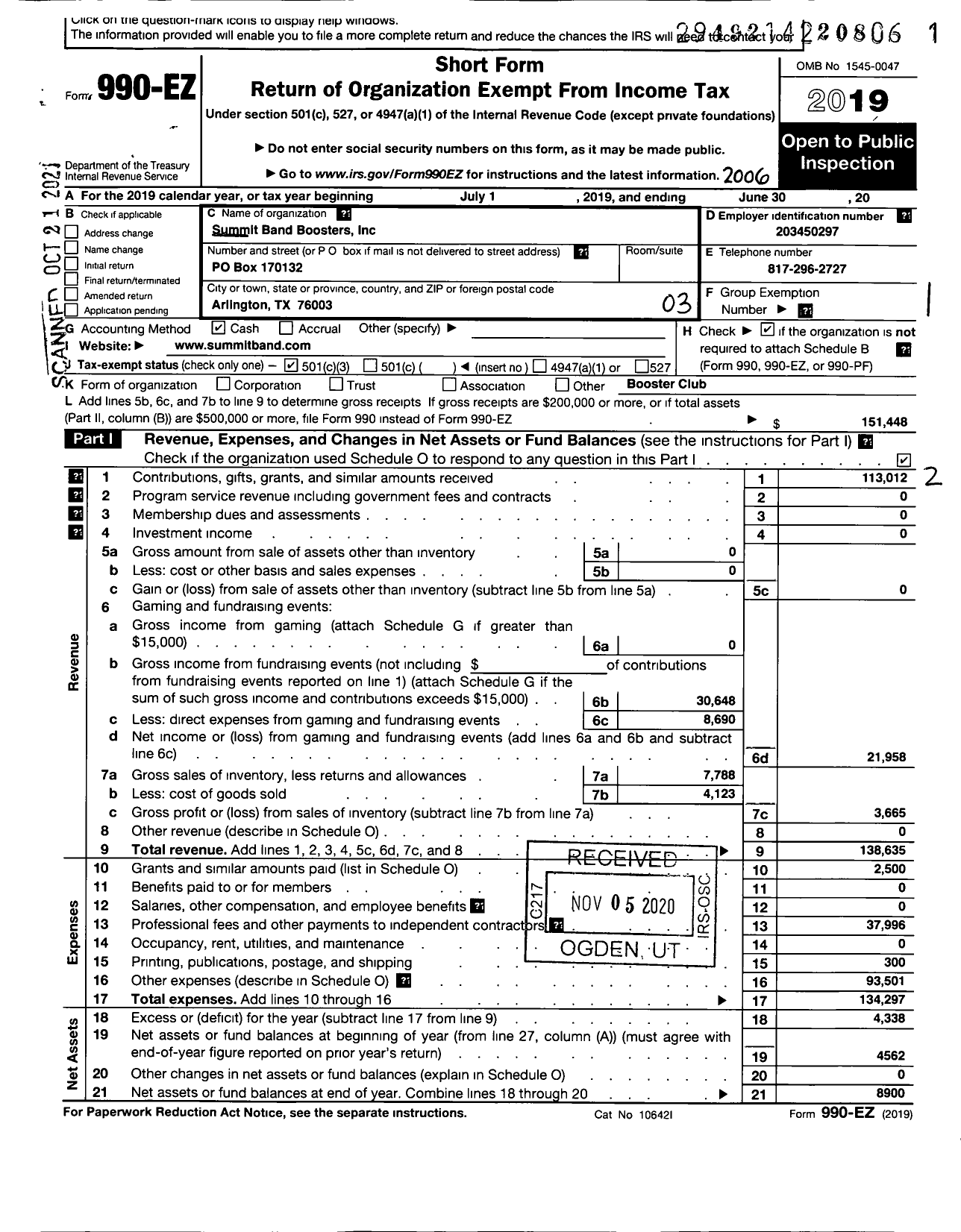 Image of first page of 2019 Form 990EZ for Summit Band Boosters