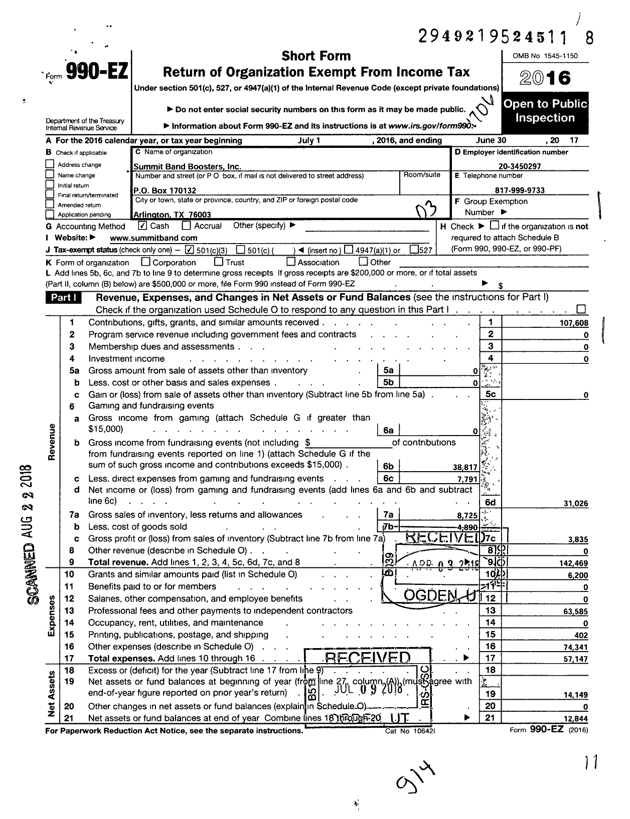 Image of first page of 2016 Form 990EZ for Summit Band Boosters