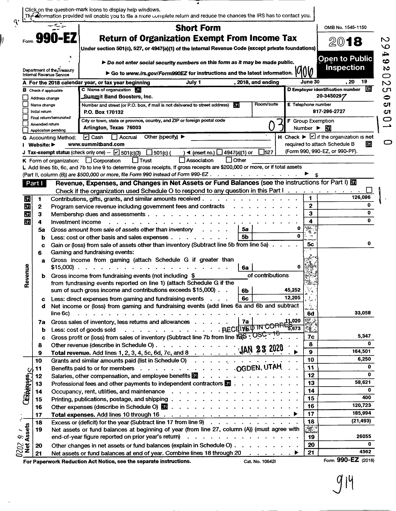 Image of first page of 2018 Form 990EZ for Summit Band Boosters