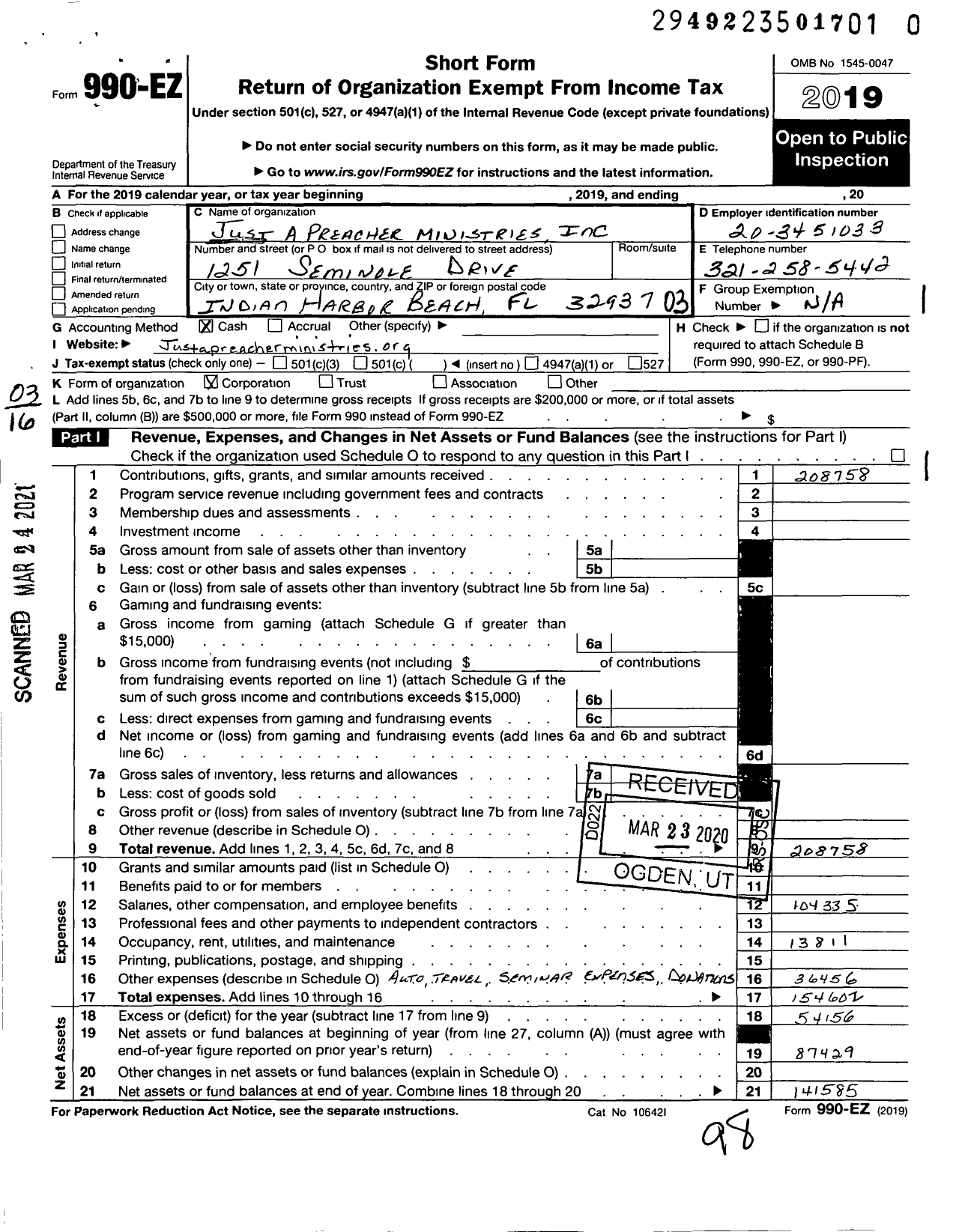 Image of first page of 2019 Form 990EZ for Just A Preacher Ministries