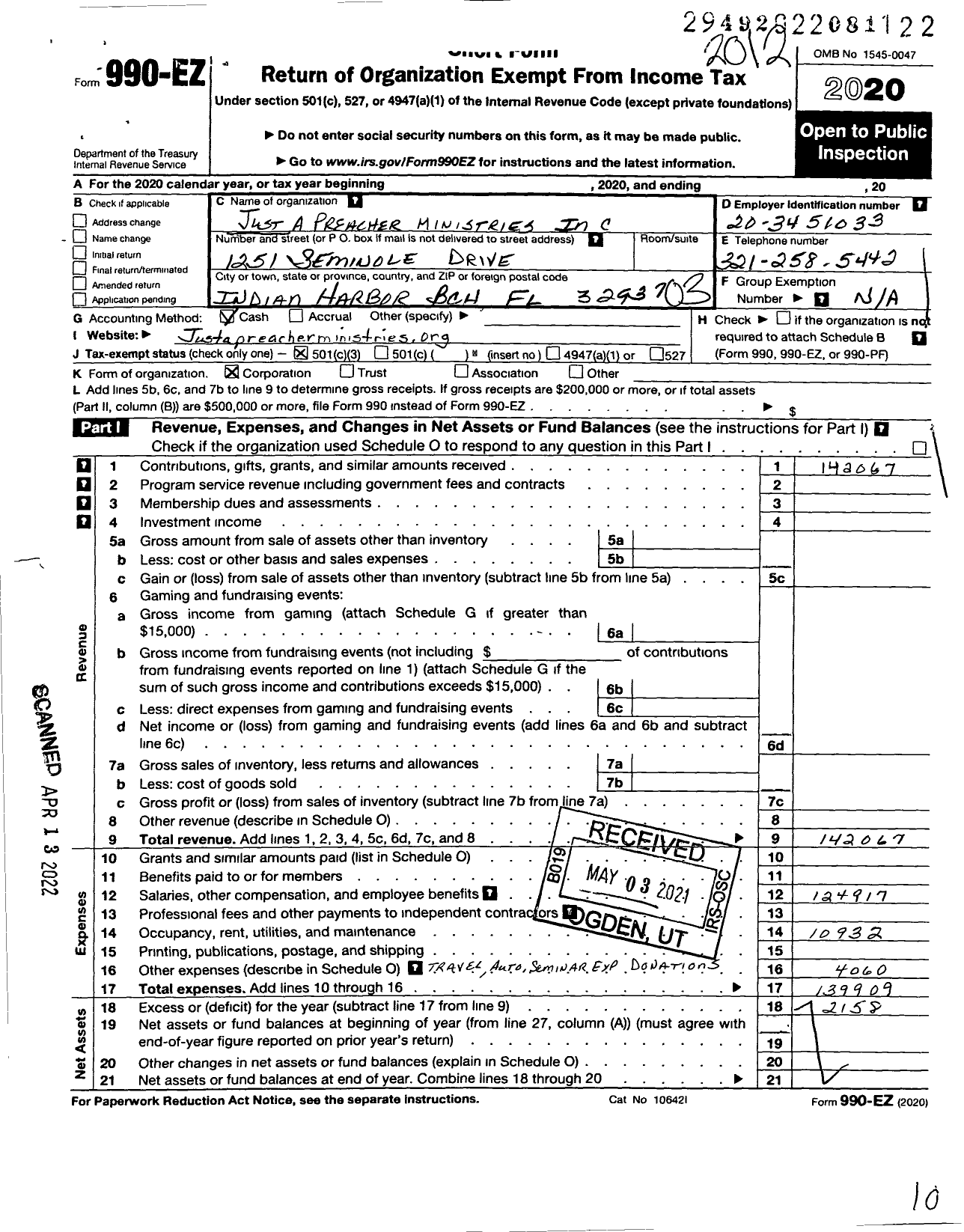 Image of first page of 2020 Form 990EZ for Just A Preacher Ministries