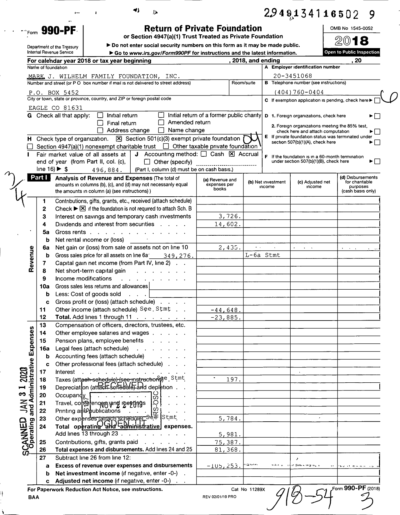 Image of first page of 2018 Form 990EZ for Mark J Wilhelm Family Foundation