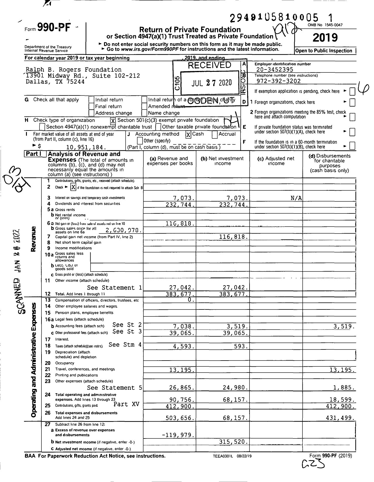 Image of first page of 2019 Form 990PF for Ralph B Rogers Foundation