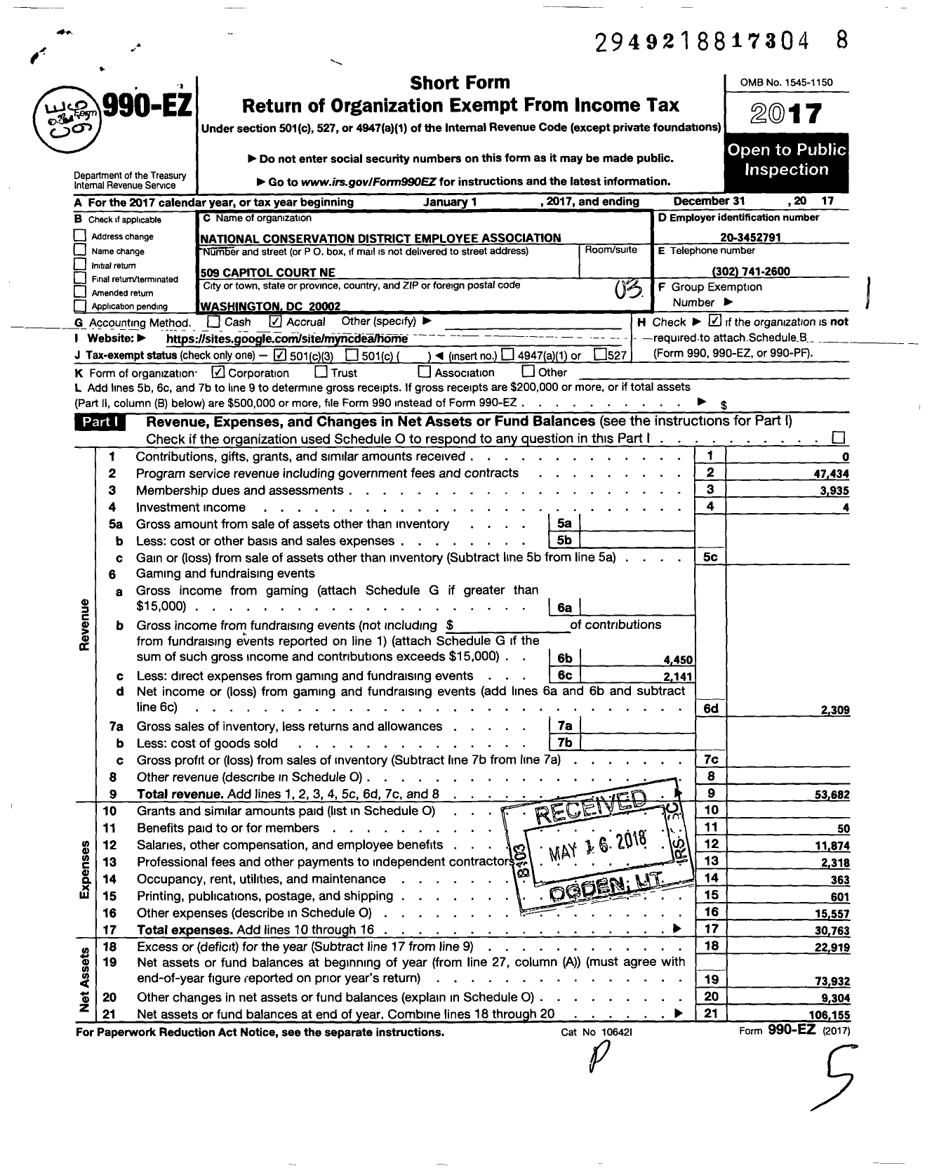 Image of first page of 2017 Form 990EZ for National Conservation District Employees Association