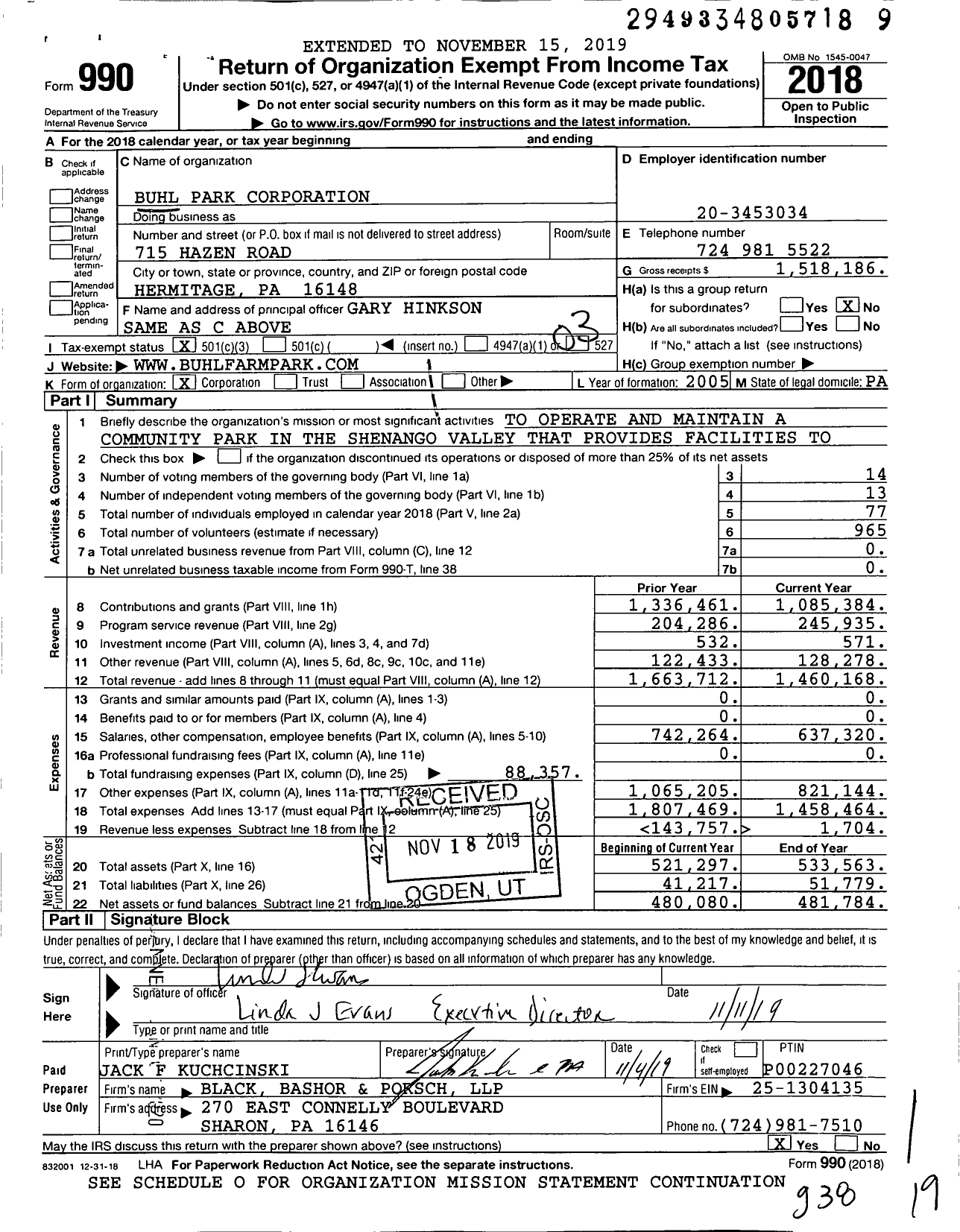 Image of first page of 2018 Form 990 for Buhl Park Corporation