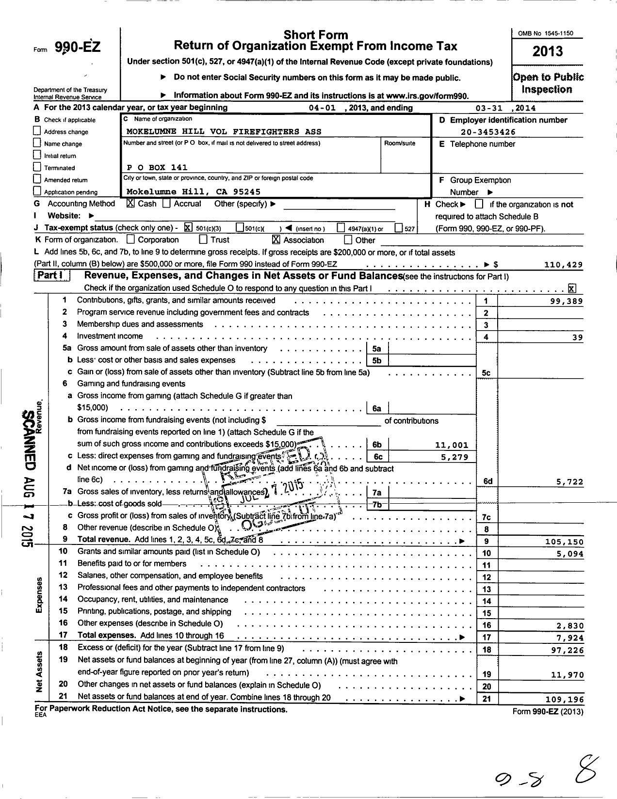 Image of first page of 2013 Form 990EZ for Mokelumne Hill Volunteer Firefighters Association