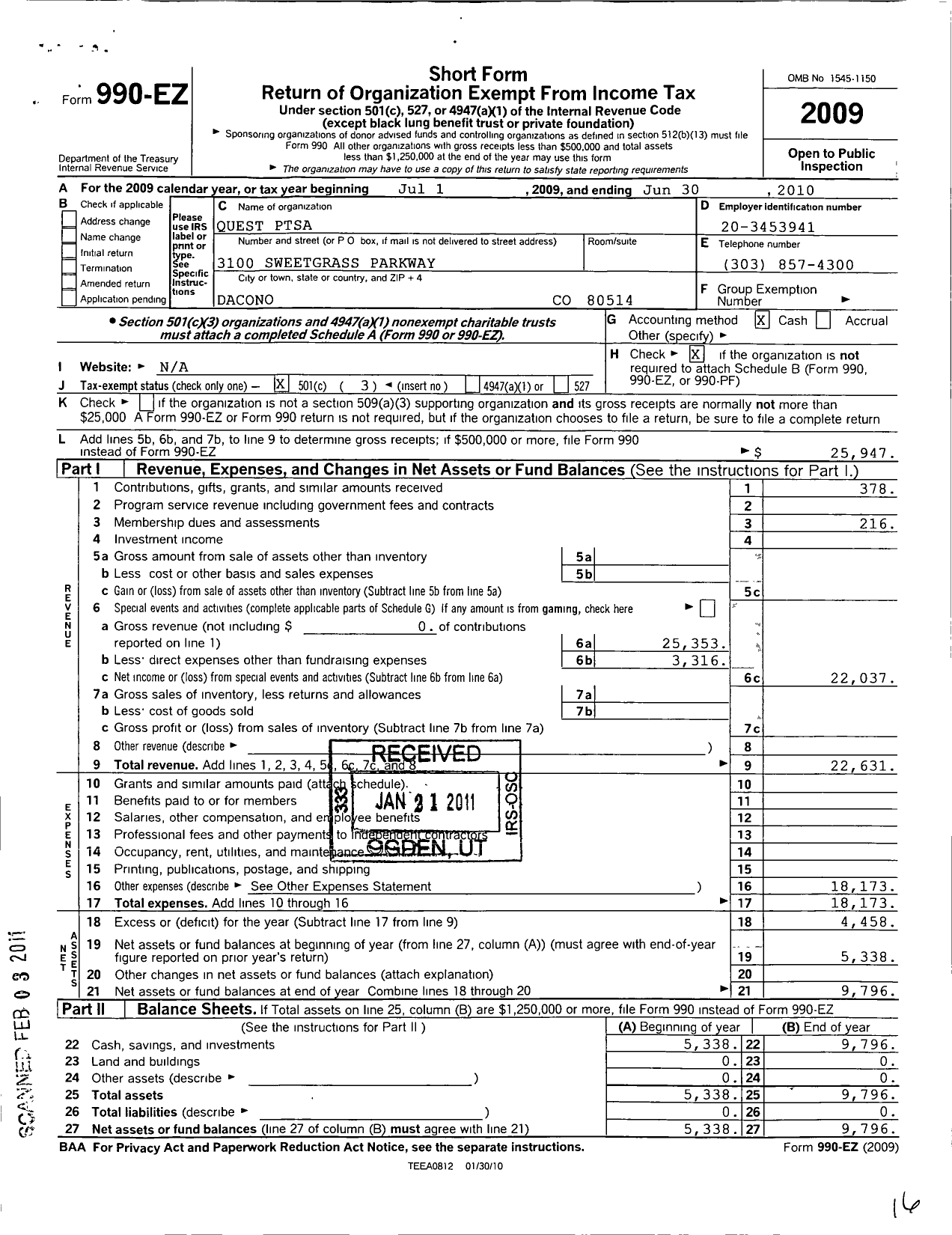 Image of first page of 2009 Form 990EZ for PTA Colorado Congress - 8 Homyak PK 8 Ptsa